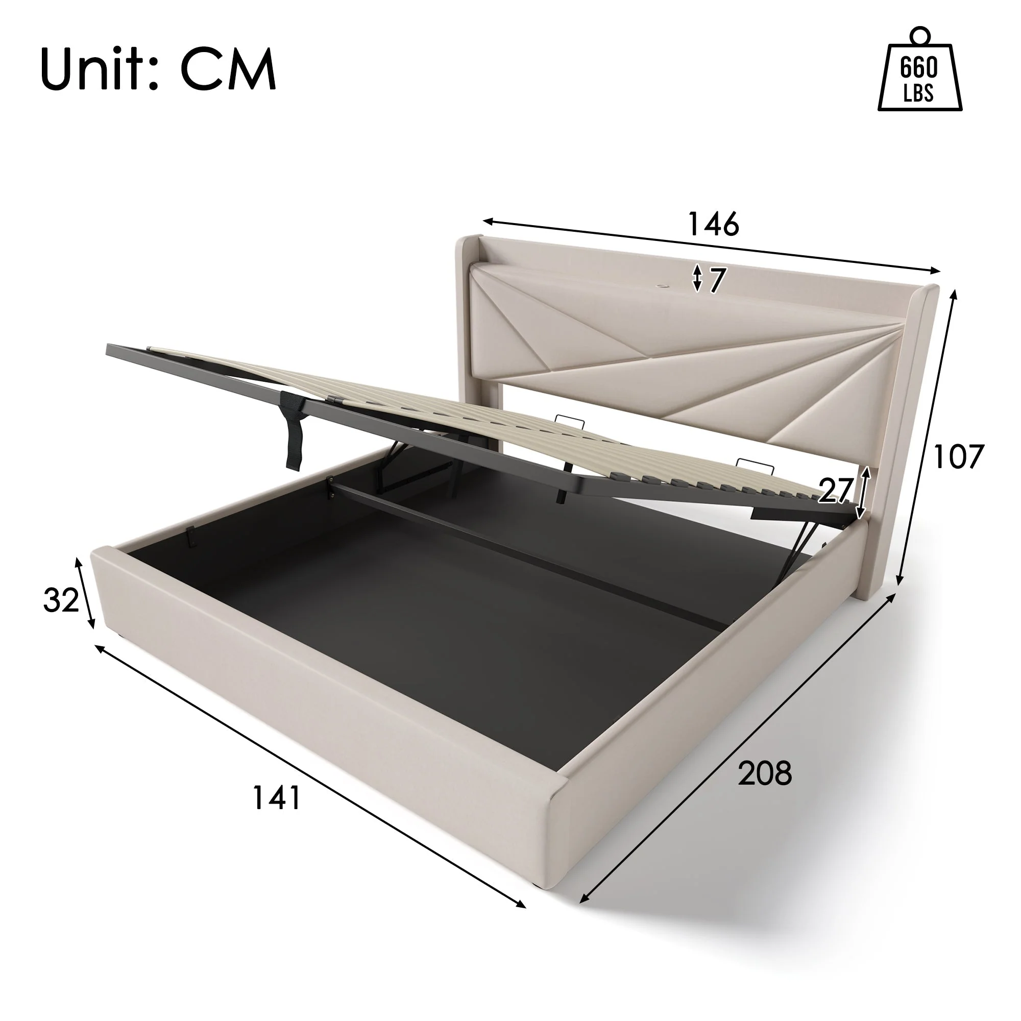 Upholstered Bed, Double, Storage with USB Type C Headboard, Linen - Image 2