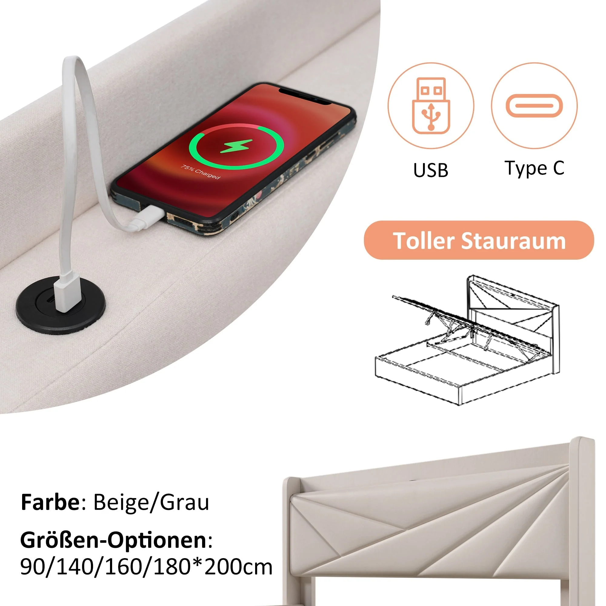 Upholstered Bed, Double, Storage with USB Type C Headboard, Linen - Image 3