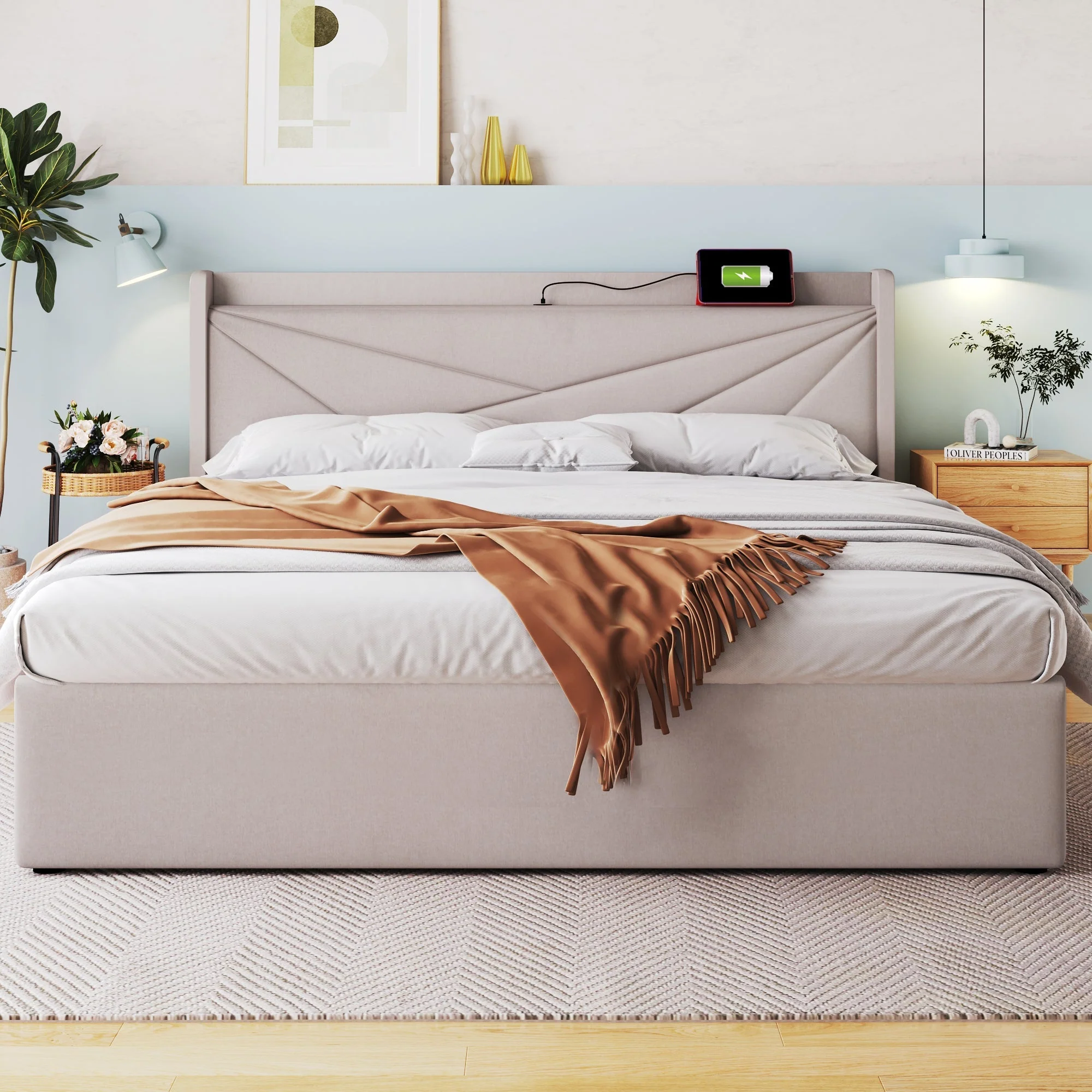 Upholstered Bed, Double, Storage with USB Type C Headboard, Linen - Image 9