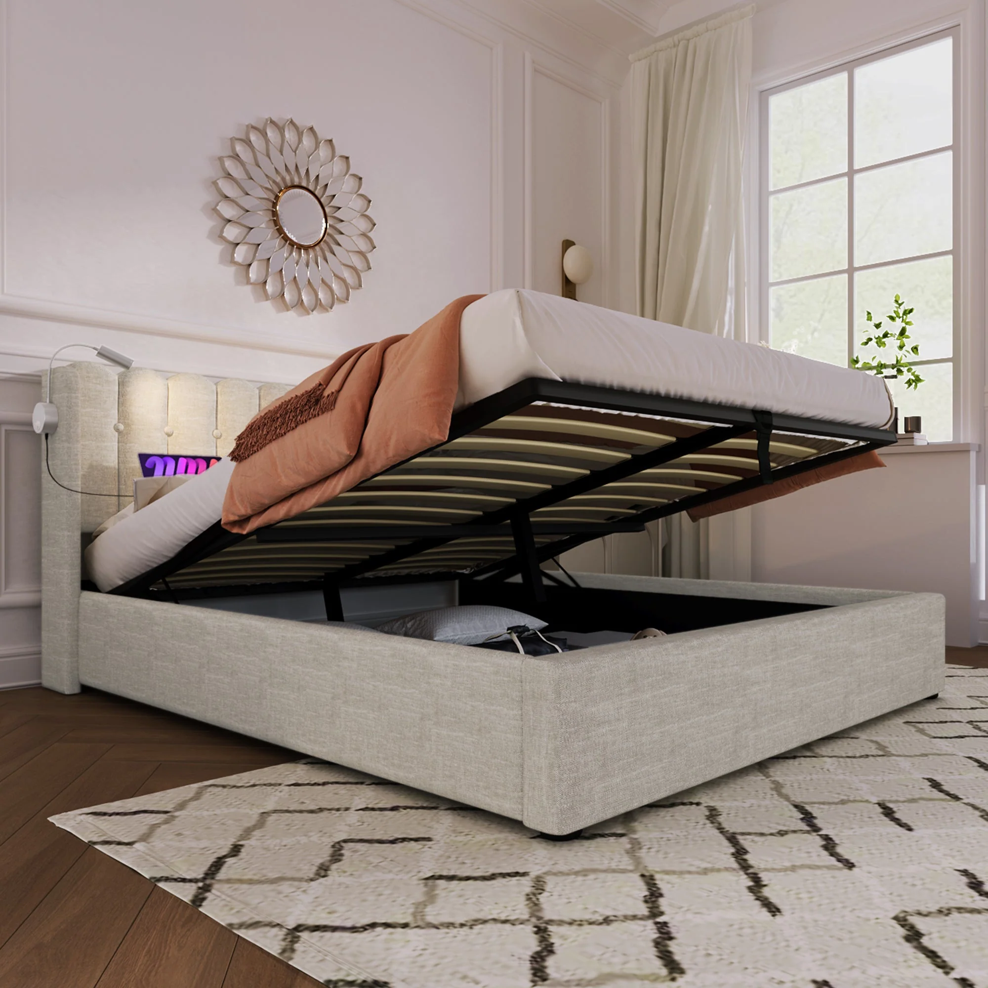 Upholstered Bed, Double with Reading Light, Charging, Headboard Storage, 160x200, Natural Linen - Image 5