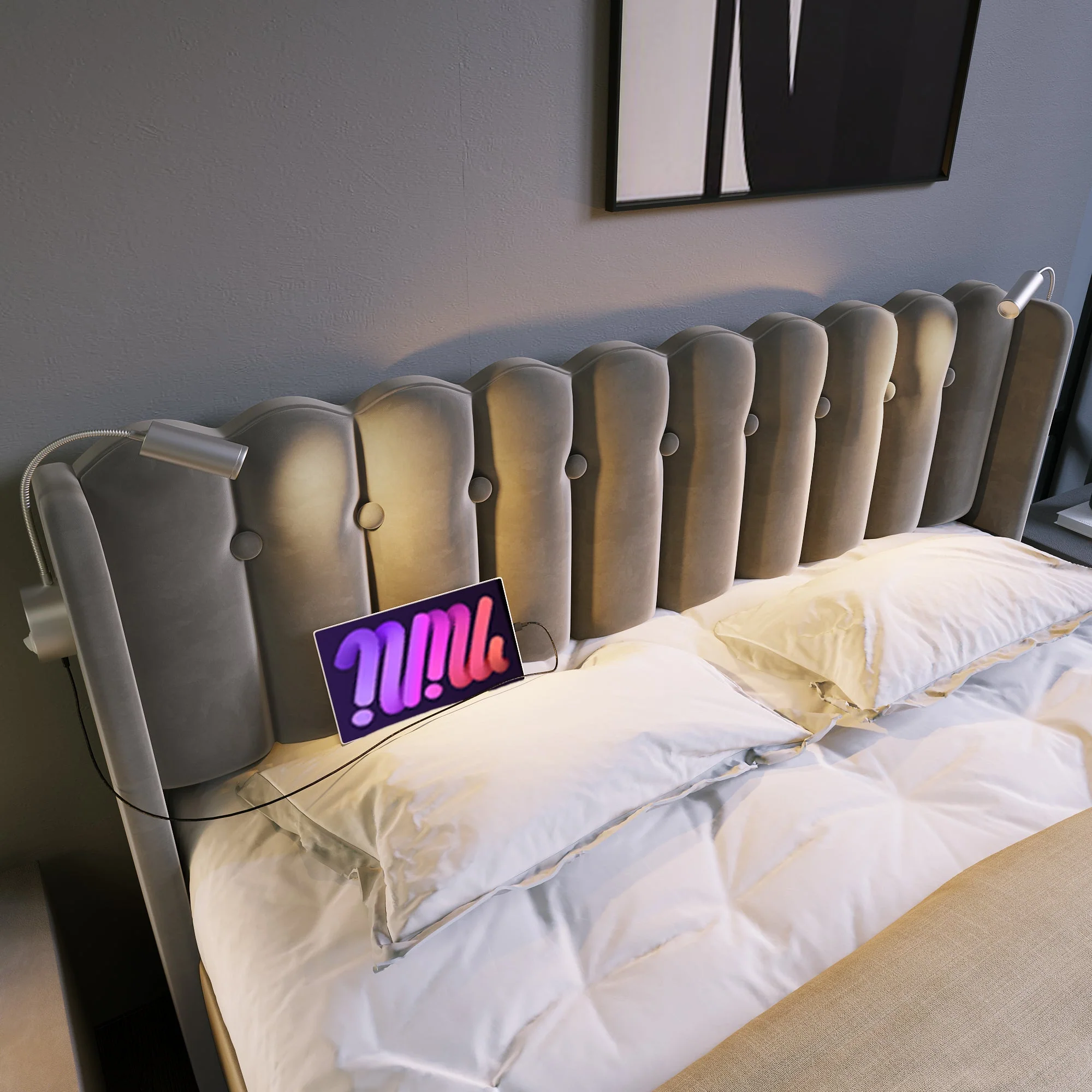 Upholstered Bed, Double with Reading Light, Charging, Storage, 160x200, Gray Velvet - Image 5