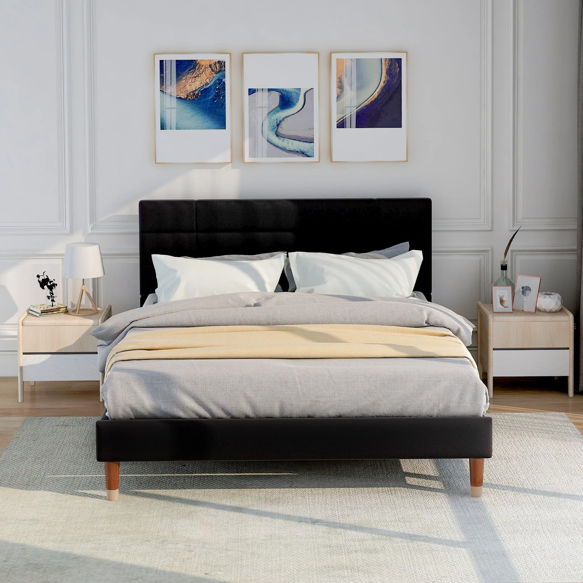 Upholstered bed, double with slatted frame 140x200cm, black linen - Image 7