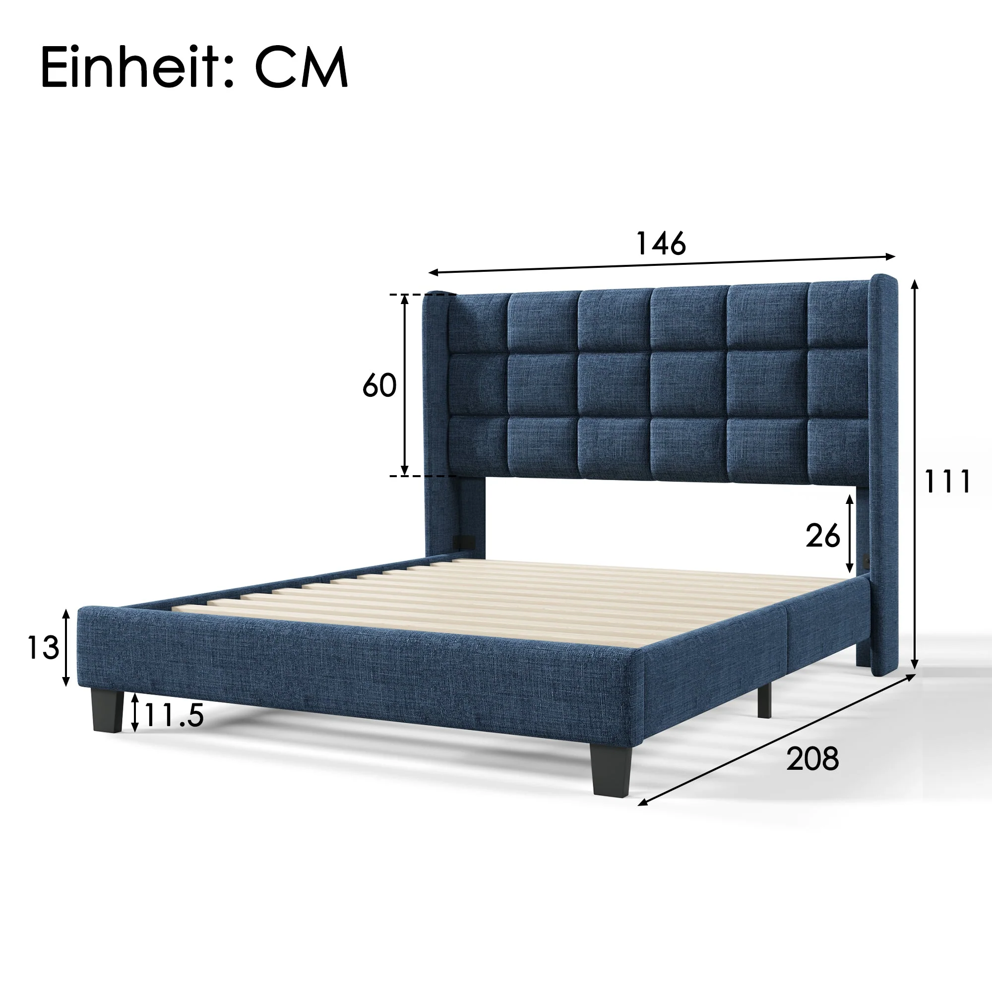 Upholstered Bed, Double with Slatted Frame, 140x200cm, Blue Linen - Image 2