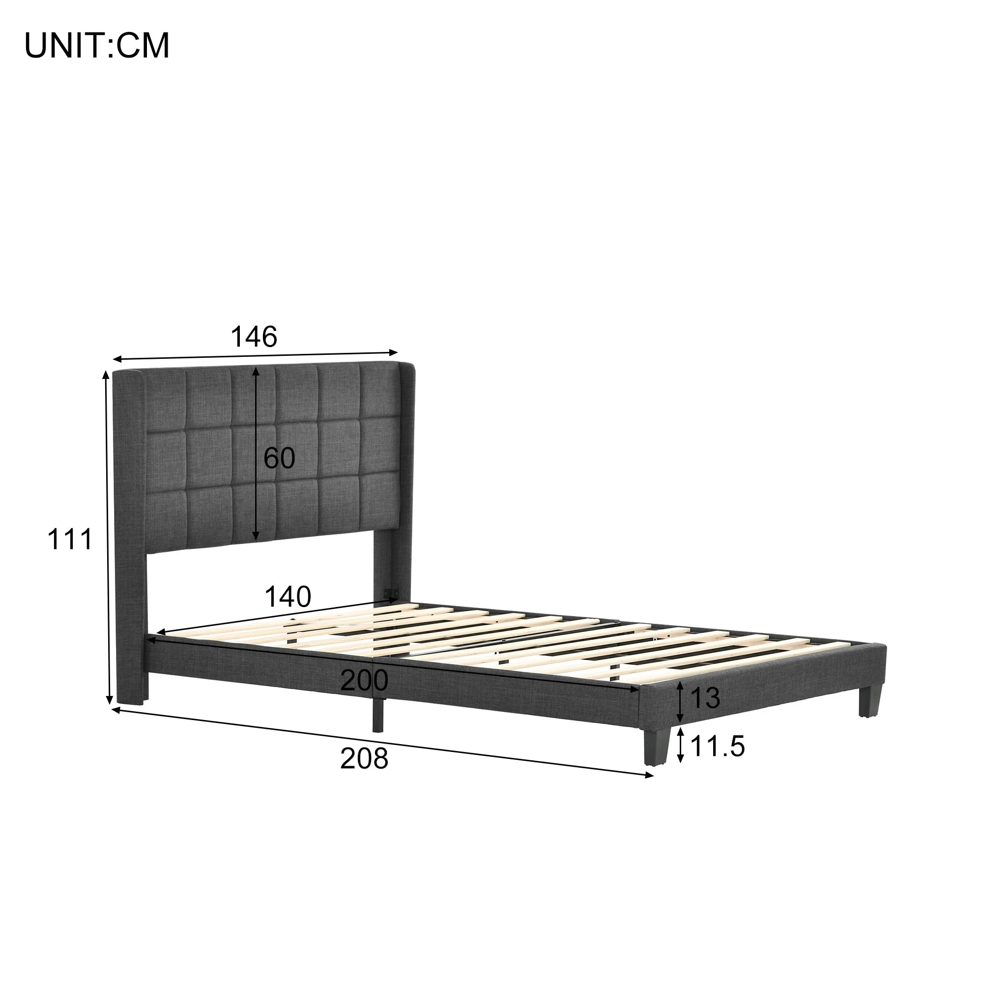 Upholstered Bed, Double with Slatted Frame, 140x200cm, Grey Linen (with Spring Mattress) - Image 4