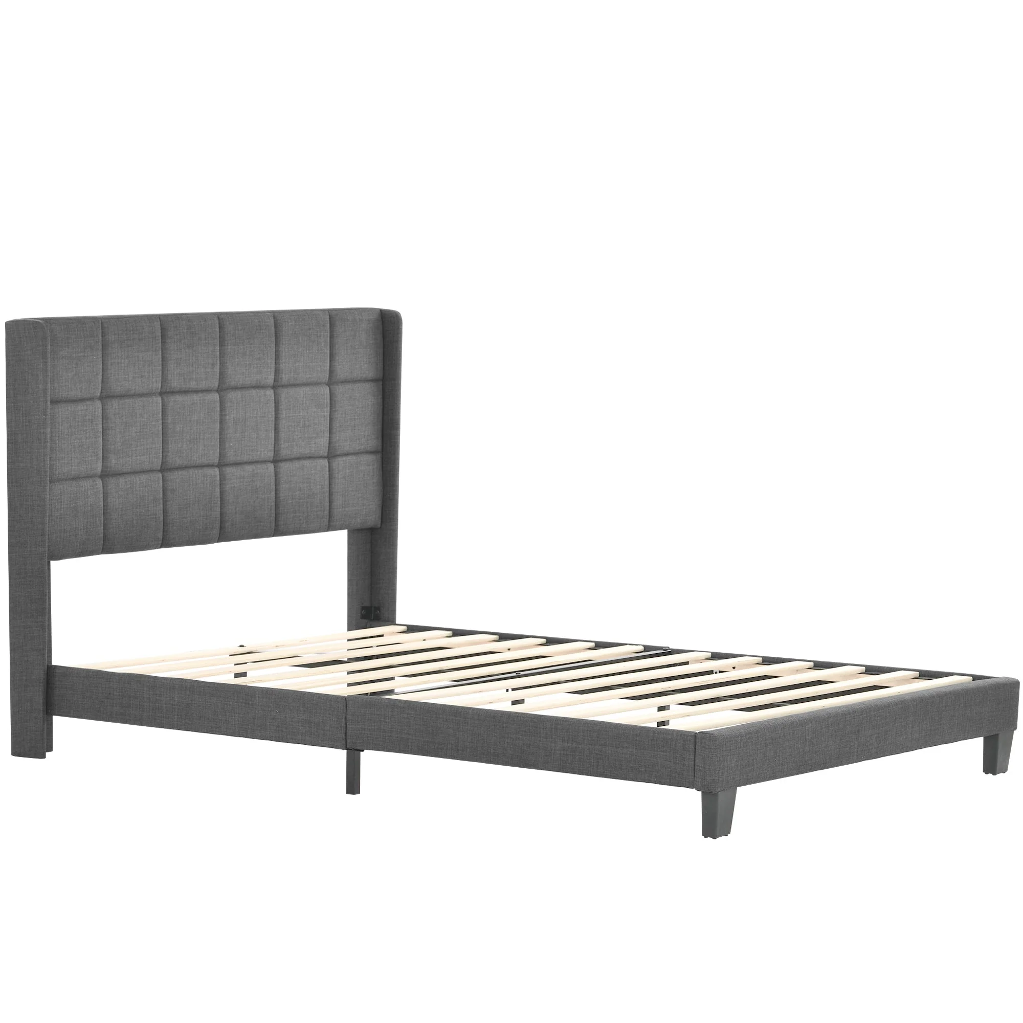 Upholstered Bed, Double with Slatted Frame, 140x200cm, Grey Linen (with Spring Mattress) - Image 5