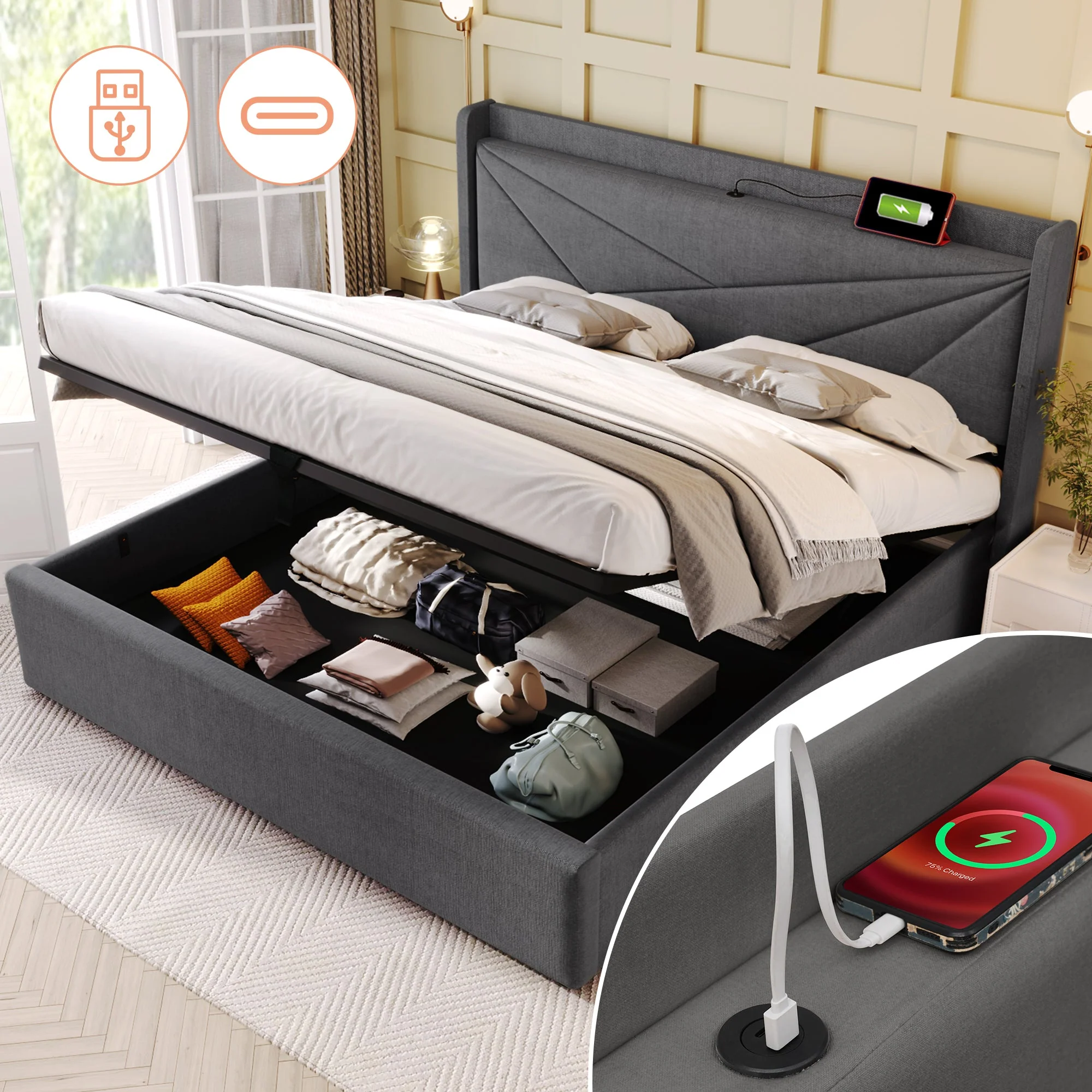 Upholstered Bed, Double with Storage & USB Type-C Headboard, Linen - Image 2