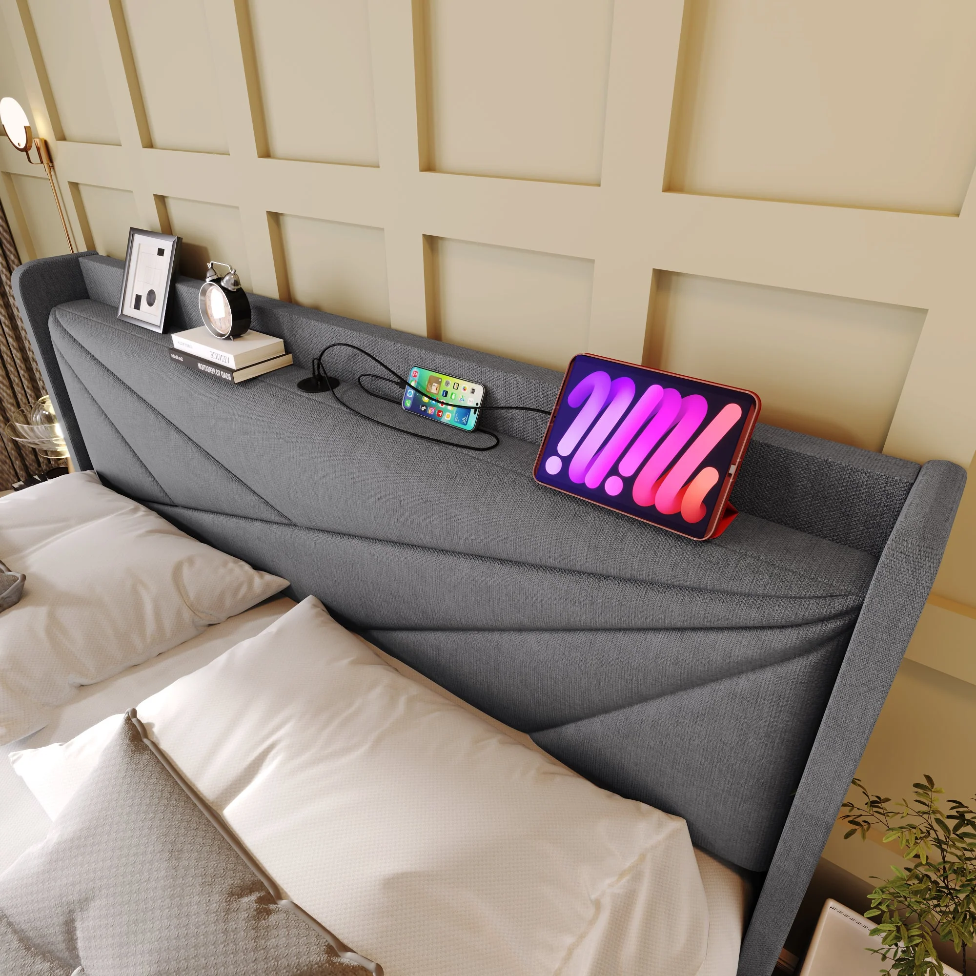 Upholstered Bed, Double with Storage & USB Type-C Headboard, Linen - Image 3