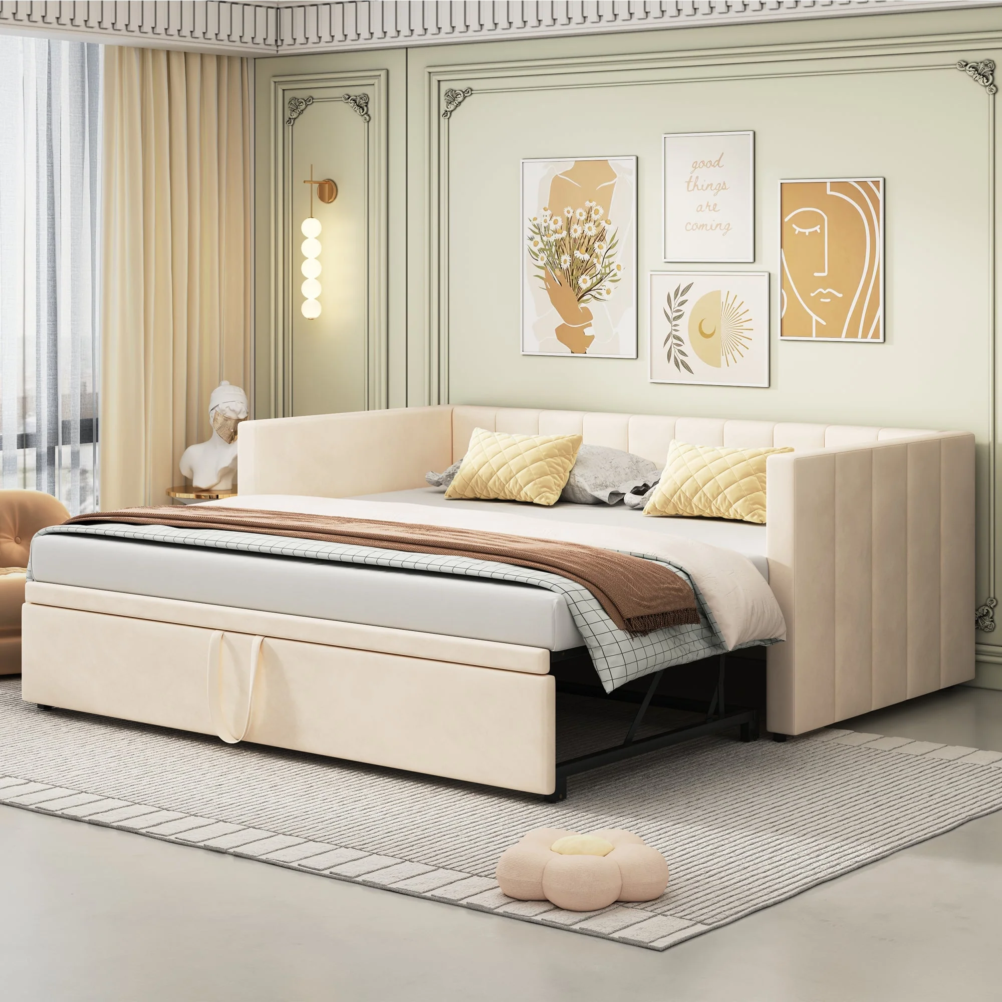 Upholstered Bed Extendable Sofa Bed 90/180x200cm Multifunctional Slatted Base Velvet Fabric Beige - Image 2
