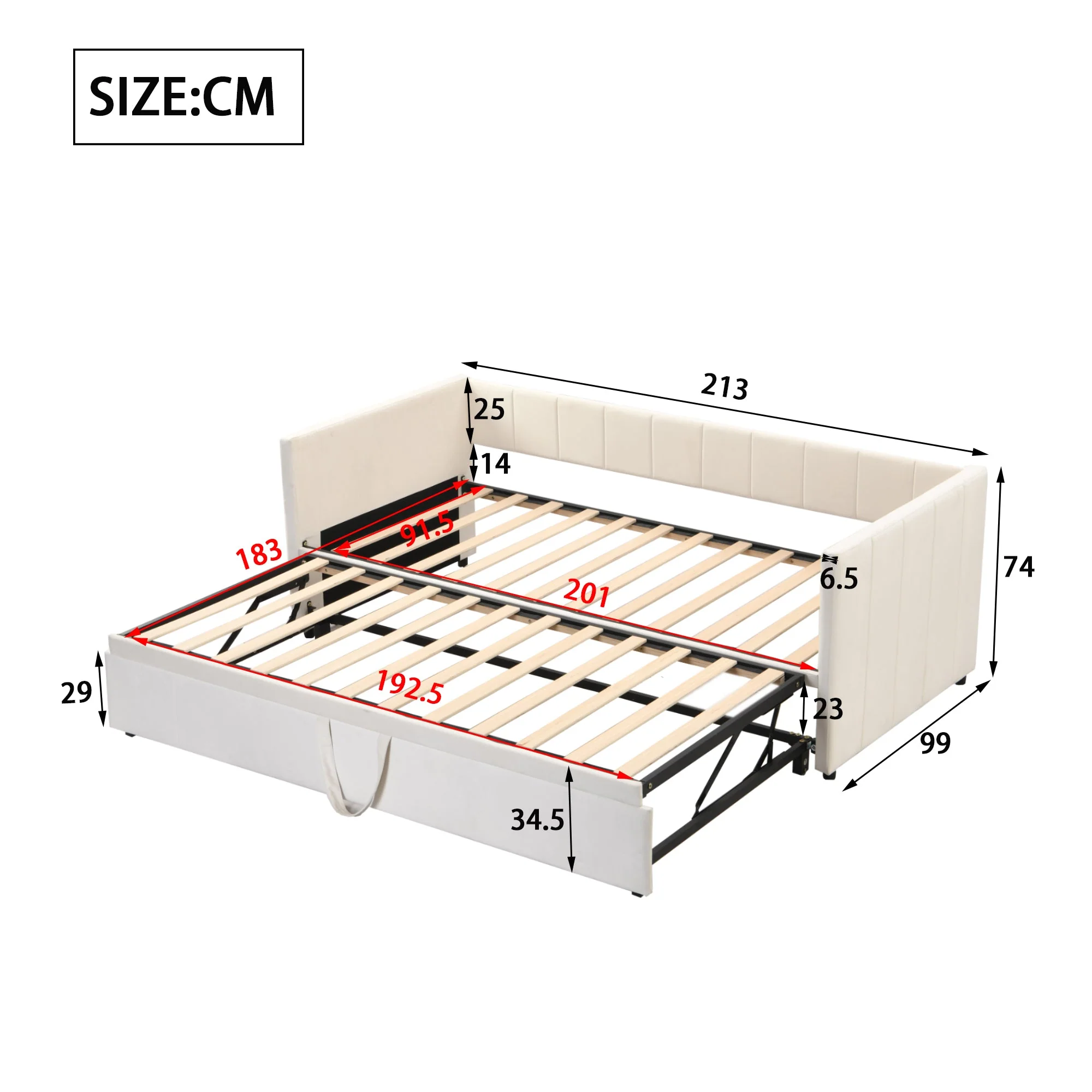 Upholstered Bed Extendable Sofa Bed 90/180x200cm Multifunctional Slatted Base Velvet Fabric Beige - Image 8