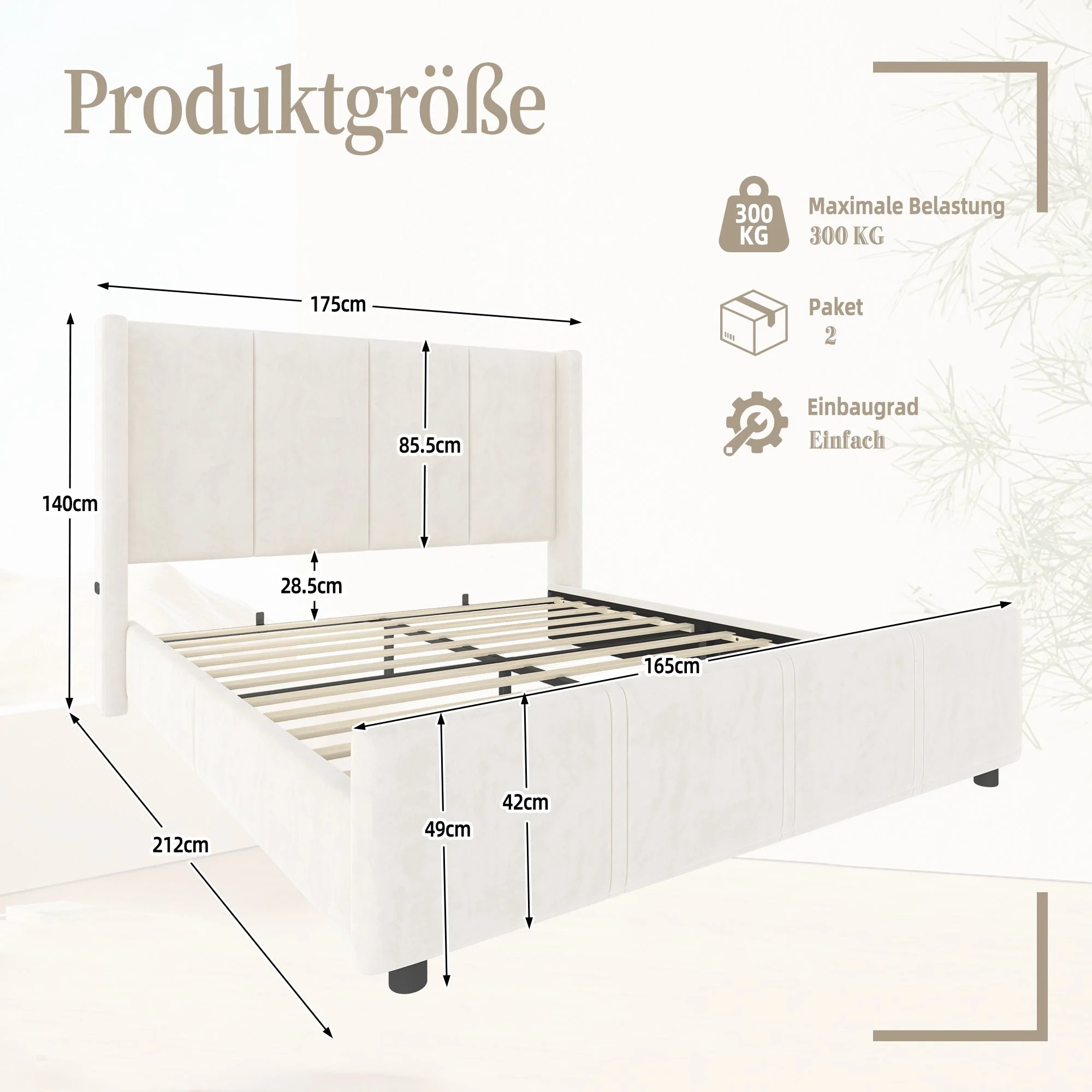 Upholstered Bed Frame 160x200cm High Headboard USB Port Iron/Wood, Beige - Image 3
