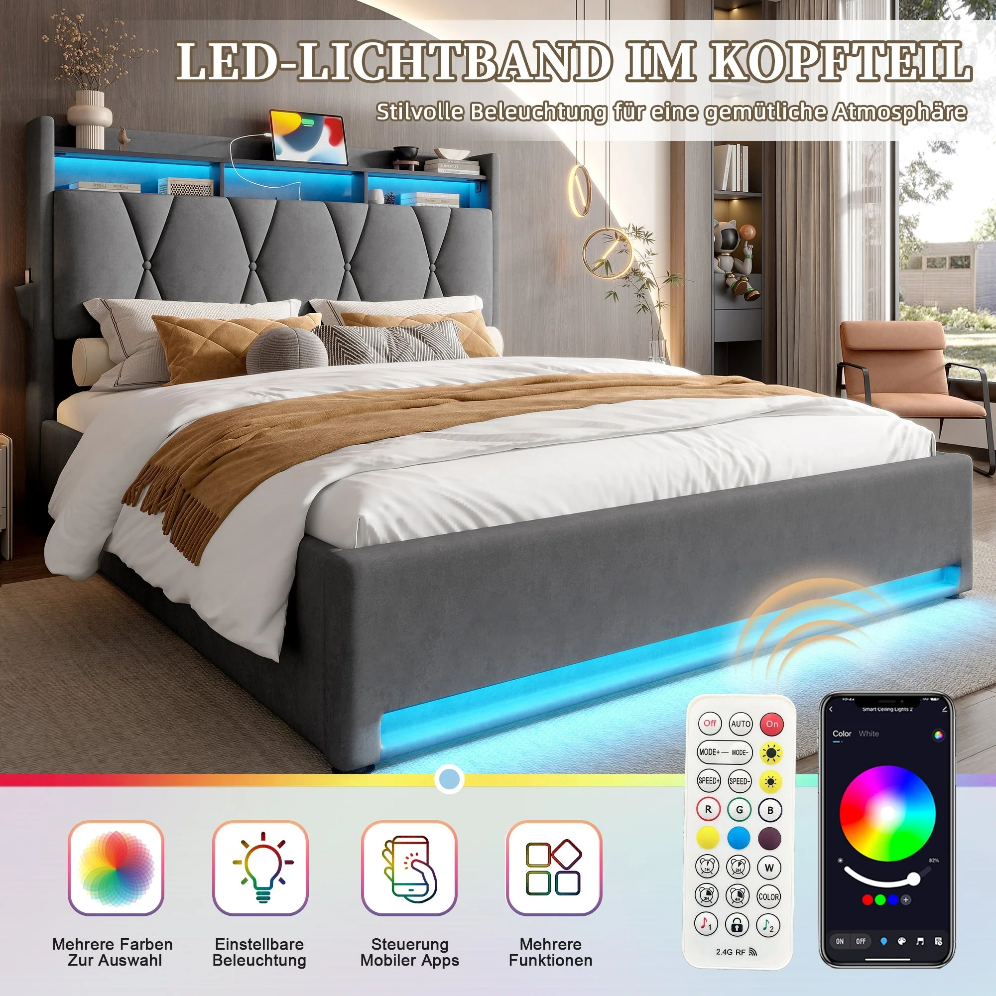 Upholstered Bed Frame 160x200cm LED/USB-C Hydraulic Storage Headboard, Grey - Image 3