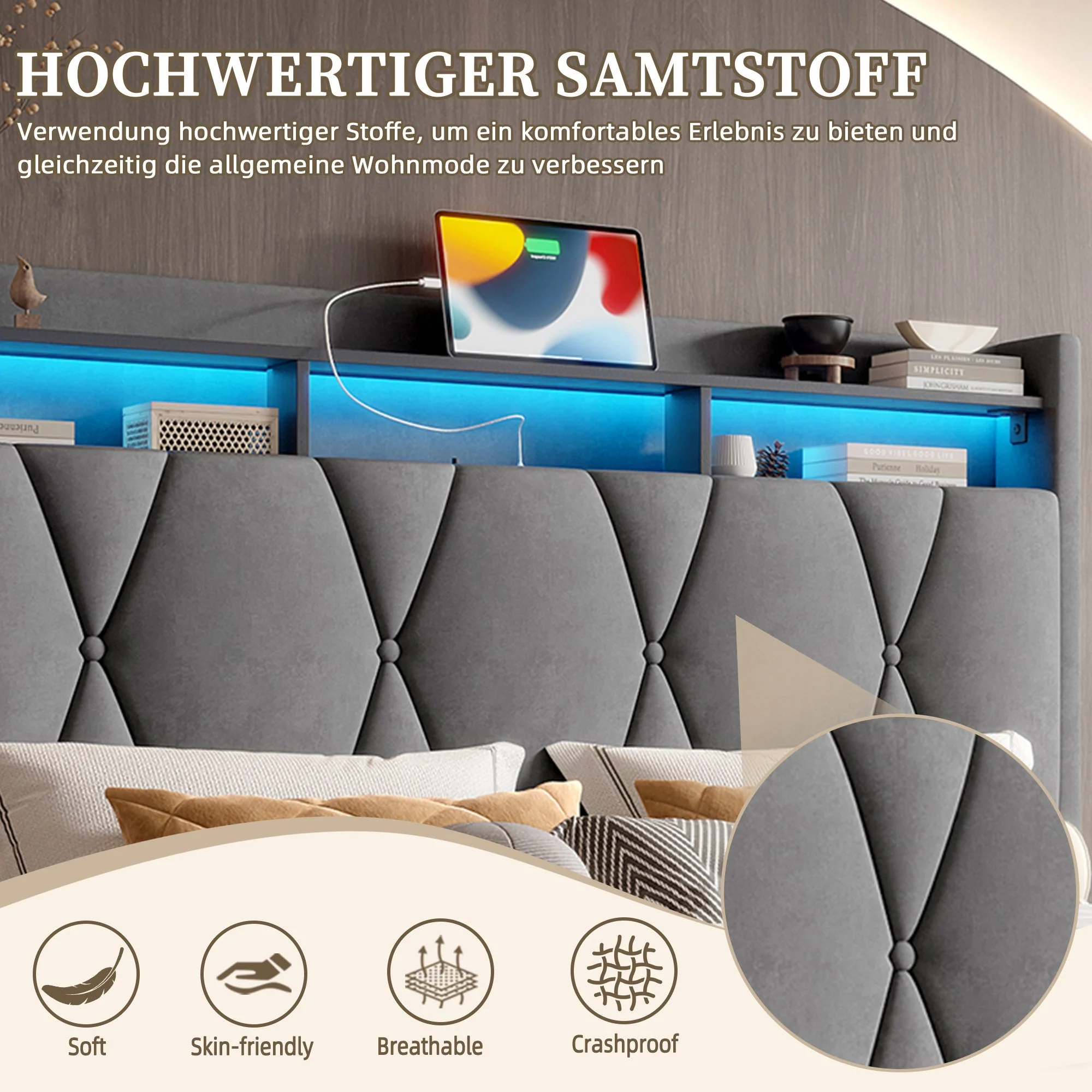 Upholstered Bed Frame 160x200cm LED/USB-C Hydraulic Storage Headboard, Grey - Image 8