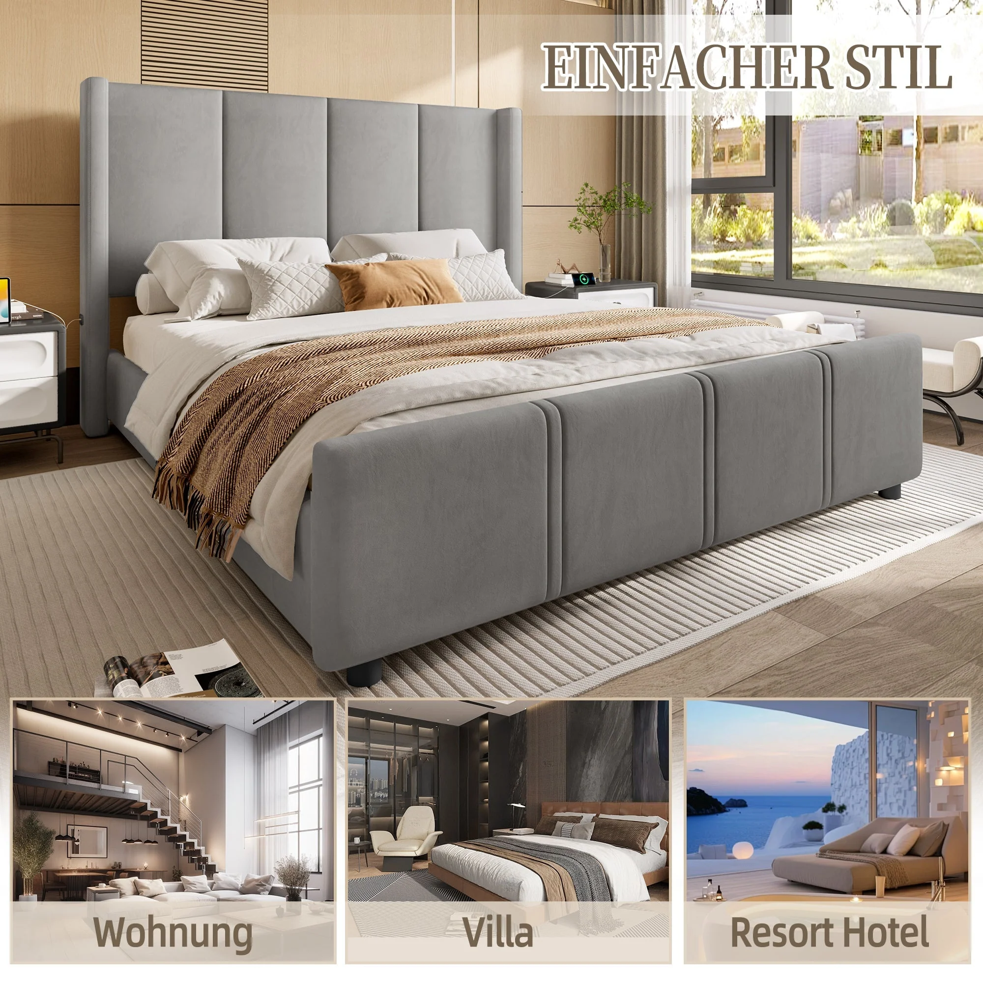 Upholstered Bed Frame, 160x200cm Modern with USB Port, Iron & Wood, Grey - Image 9