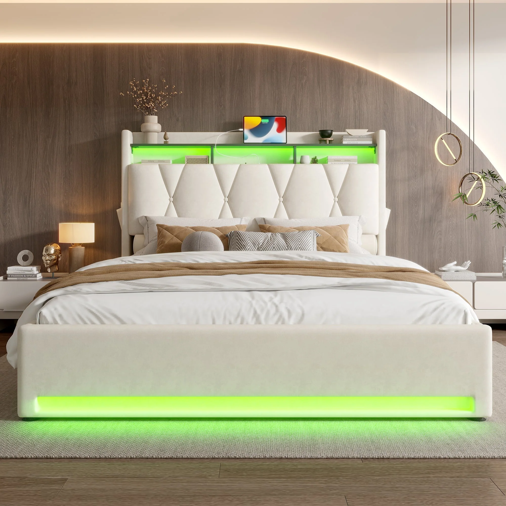 Upholstered Bed Frame, LED Lighting, USB-C Charging, Storage, Beige - Image 3