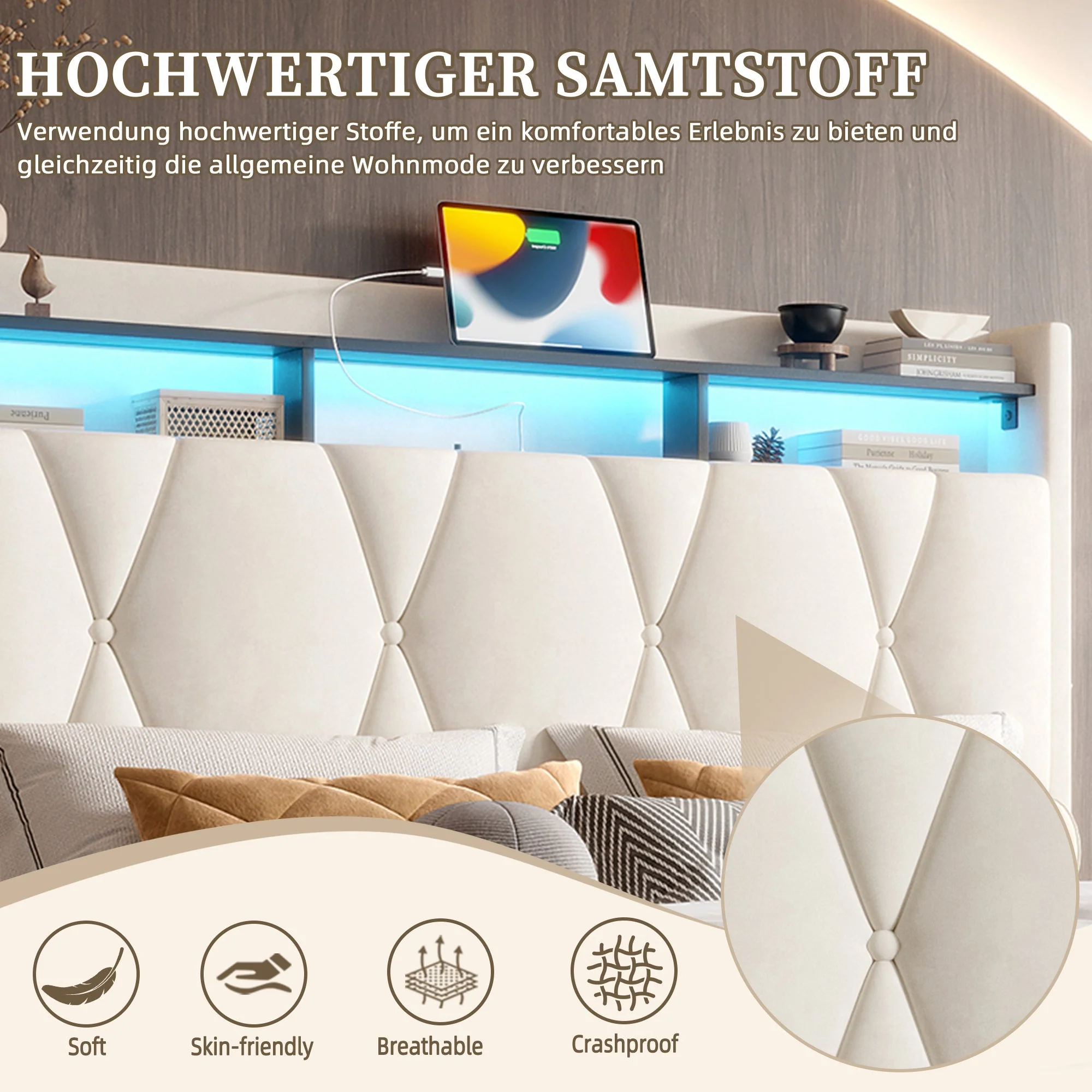 Upholstered Bed Frame, LED Lighting, USB-C Charging, Storage, Beige - Image 4