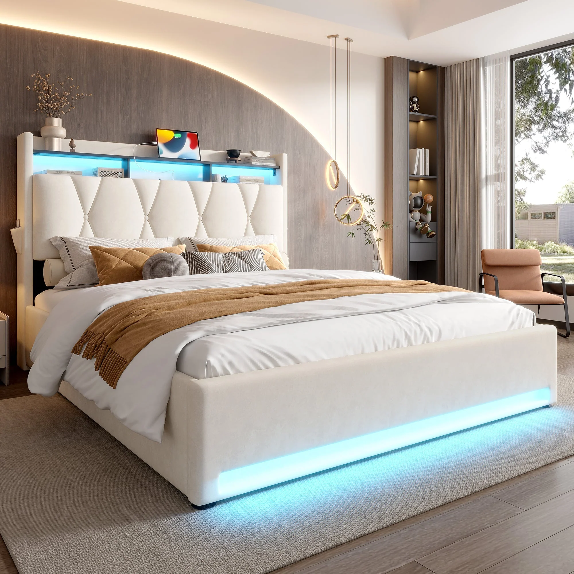 Upholstered Bed Frame, LED Lighting, USB-C Charging, Storage, Beige - Image 5