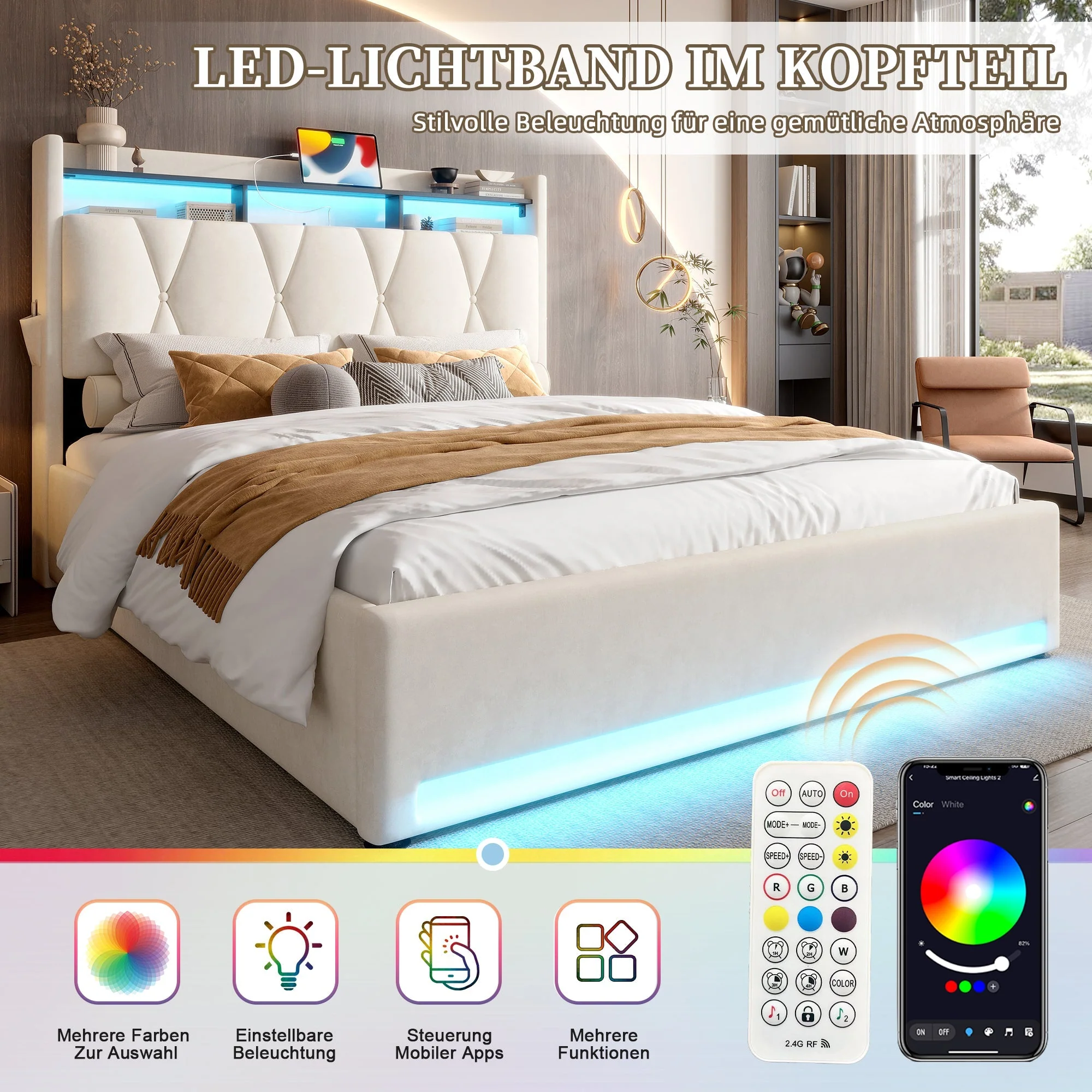 Upholstered Bed Frame, LED Lighting, USB-C Charging, Storage, Beige - Image 6