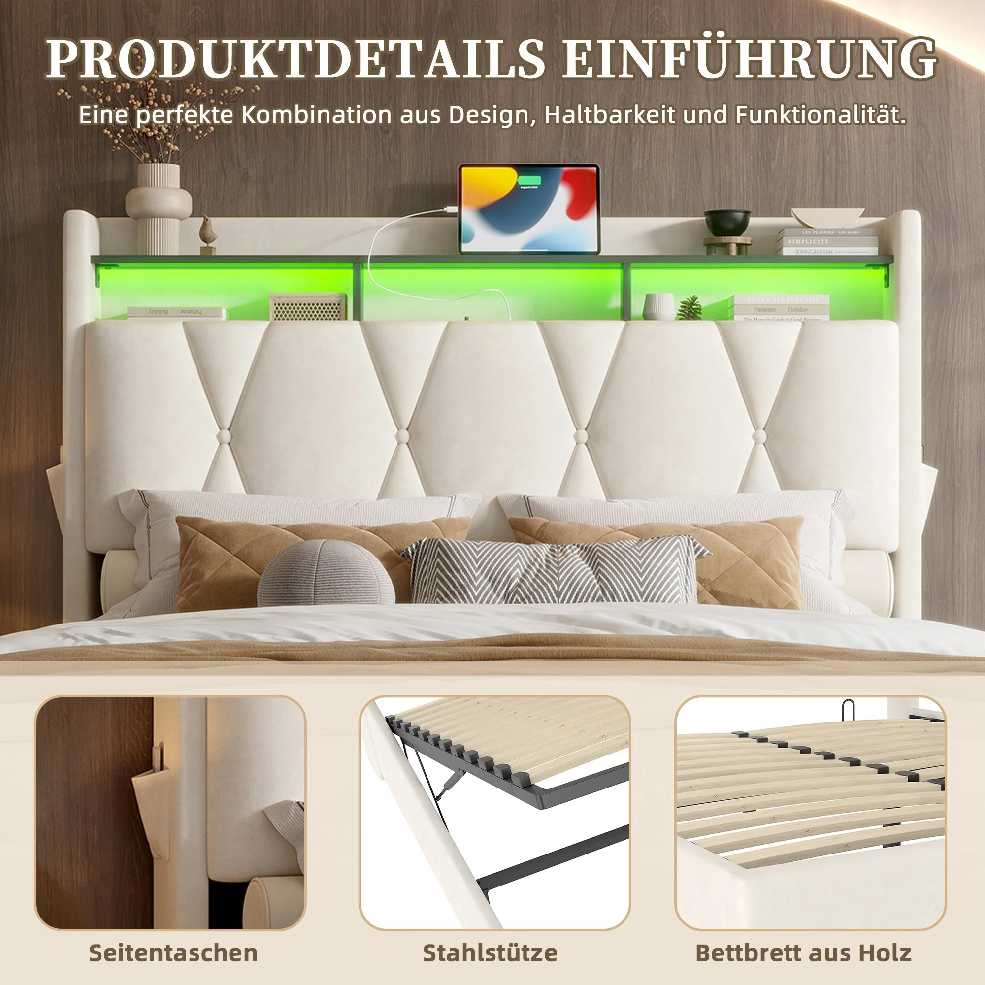 Upholstered Bed Frame, LED Lighting, USB-C Charging, Storage, Beige - Image 7