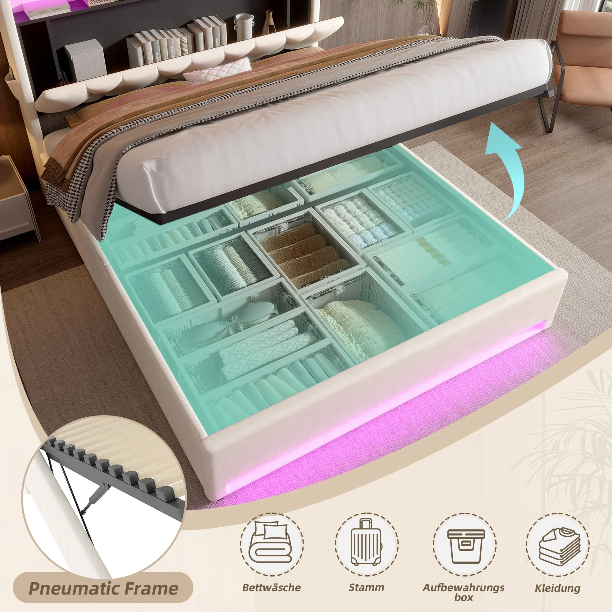 Upholstered Bed Frame, LED Lighting, USB-C Charging, Storage, Beige - Image 8