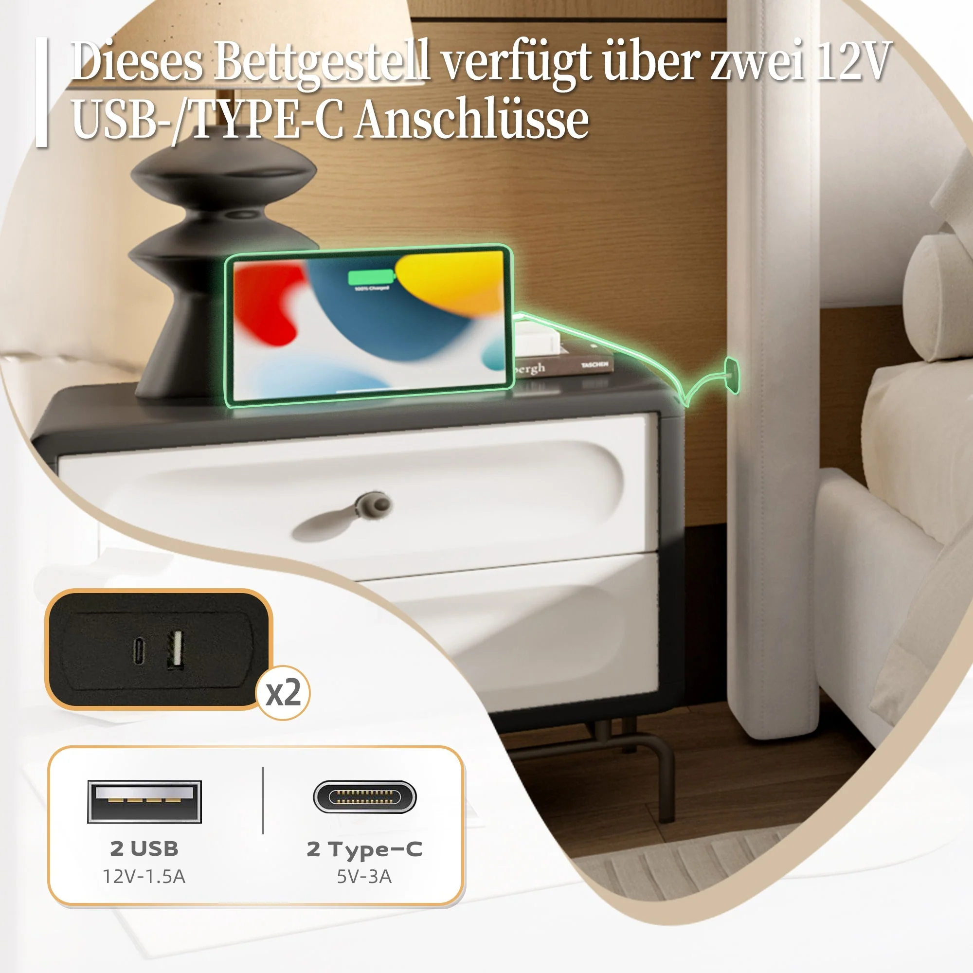 Upholstered Bed Frame, Modern High Headboard & Footboard, USB Port, Iron & Wood, Beige - Image 7