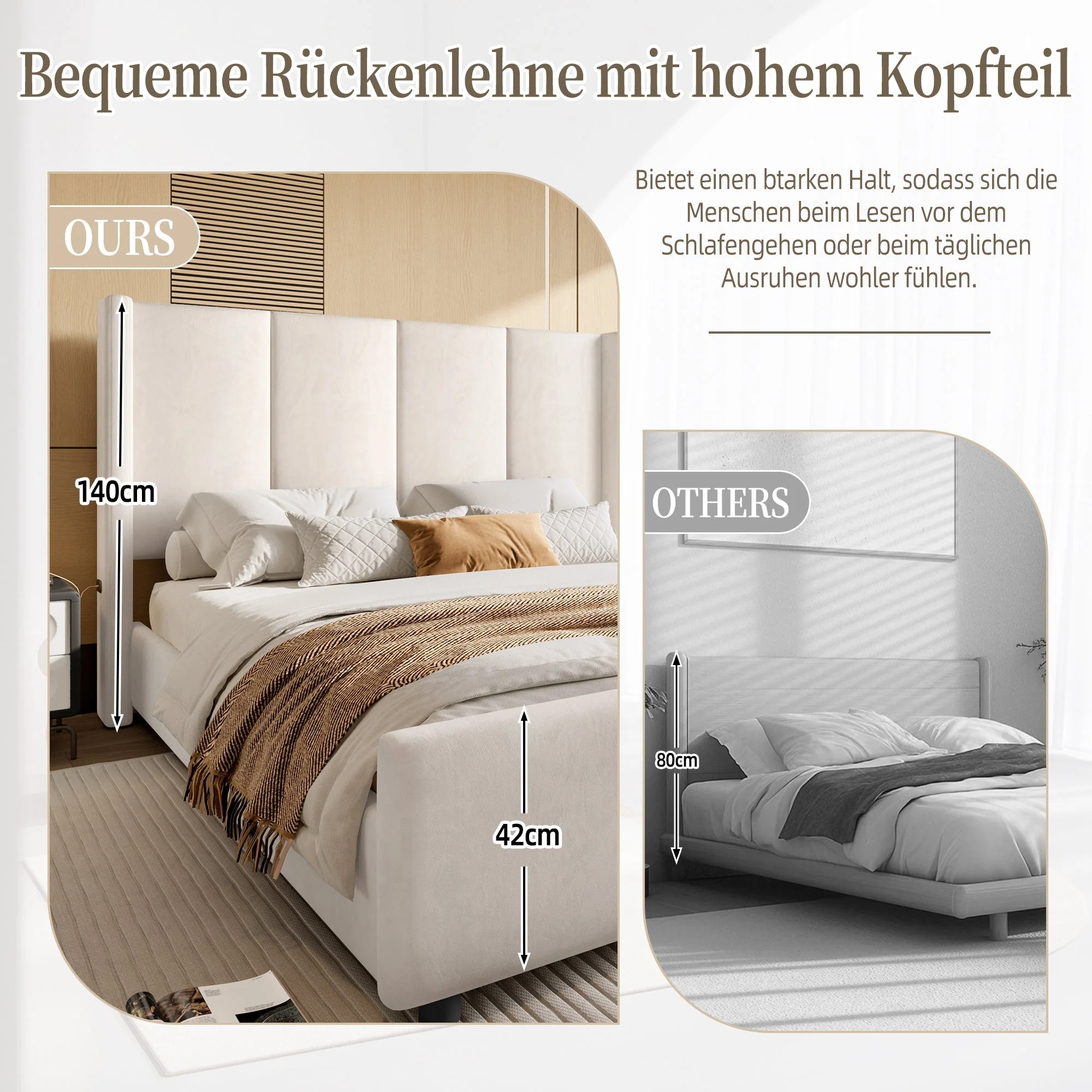 Upholstered Bed Frame, Modern with USB Port, Iron & Wood, Beige - Image 5
