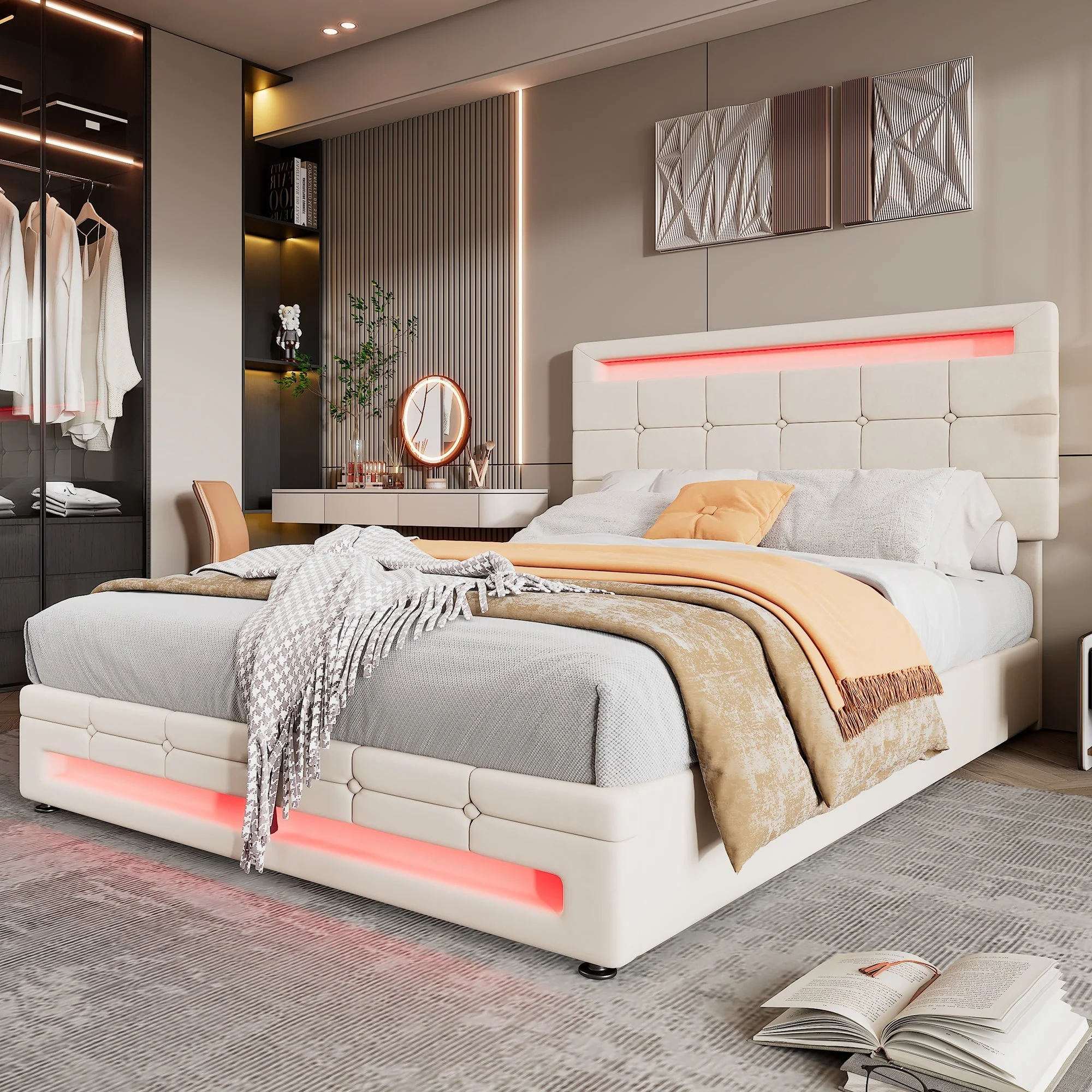 Upholstered Bed, Hydraulic 4ft6 Double 135x190cm with Square Embellishment & 7-Color LED, Velvet & Iron Beige - Image 3
