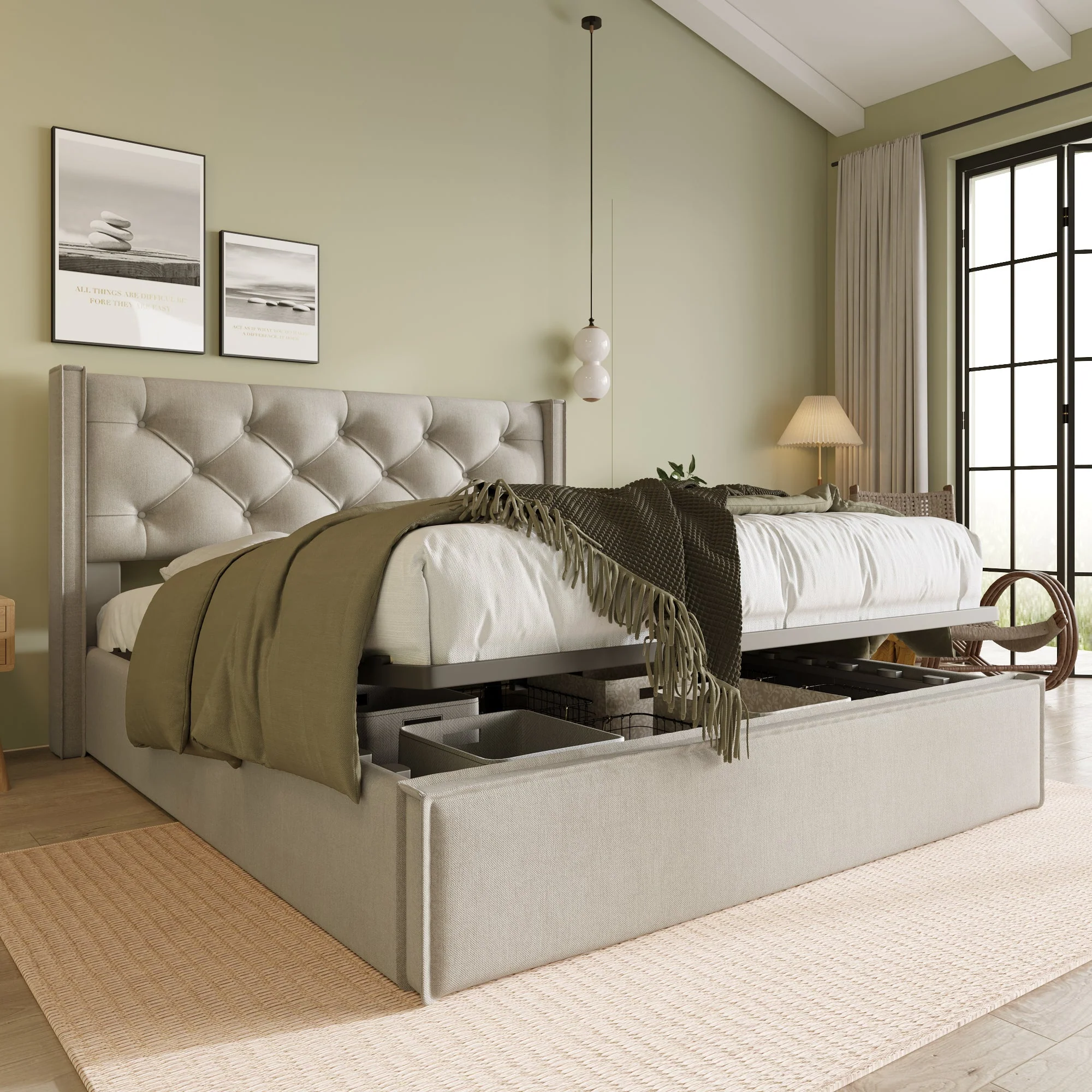 Upholstered Bed, Hydraulic Double with Storage, Light Grey Cotton - Image 8