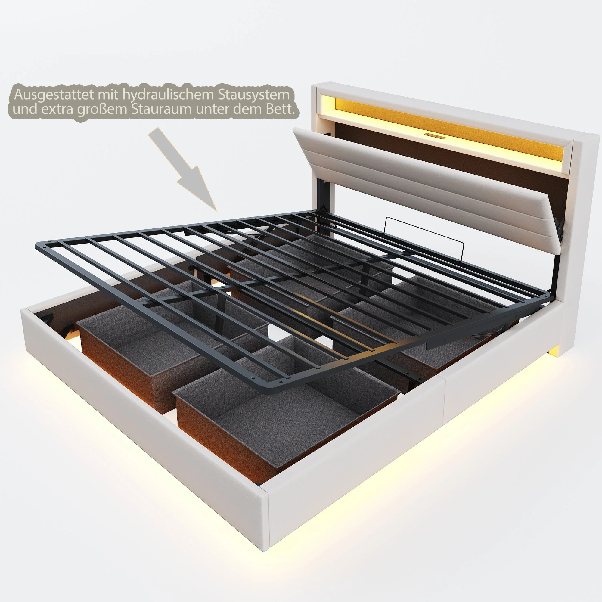 Upholstered Bed, Hydraulic Floating with Storage, USB & LED, Reversible Headboard, Linen Beige - Image 10