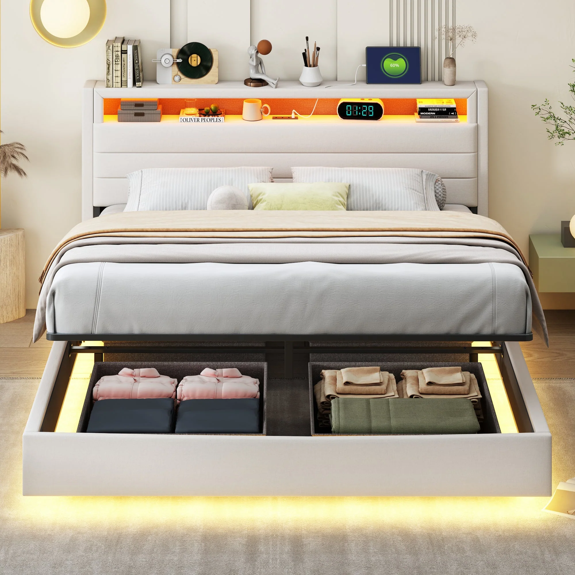 Upholstered Bed, Hydraulic Floating with Storage, USB & LED, Reversible Headboard, Linen Beige - Image 3