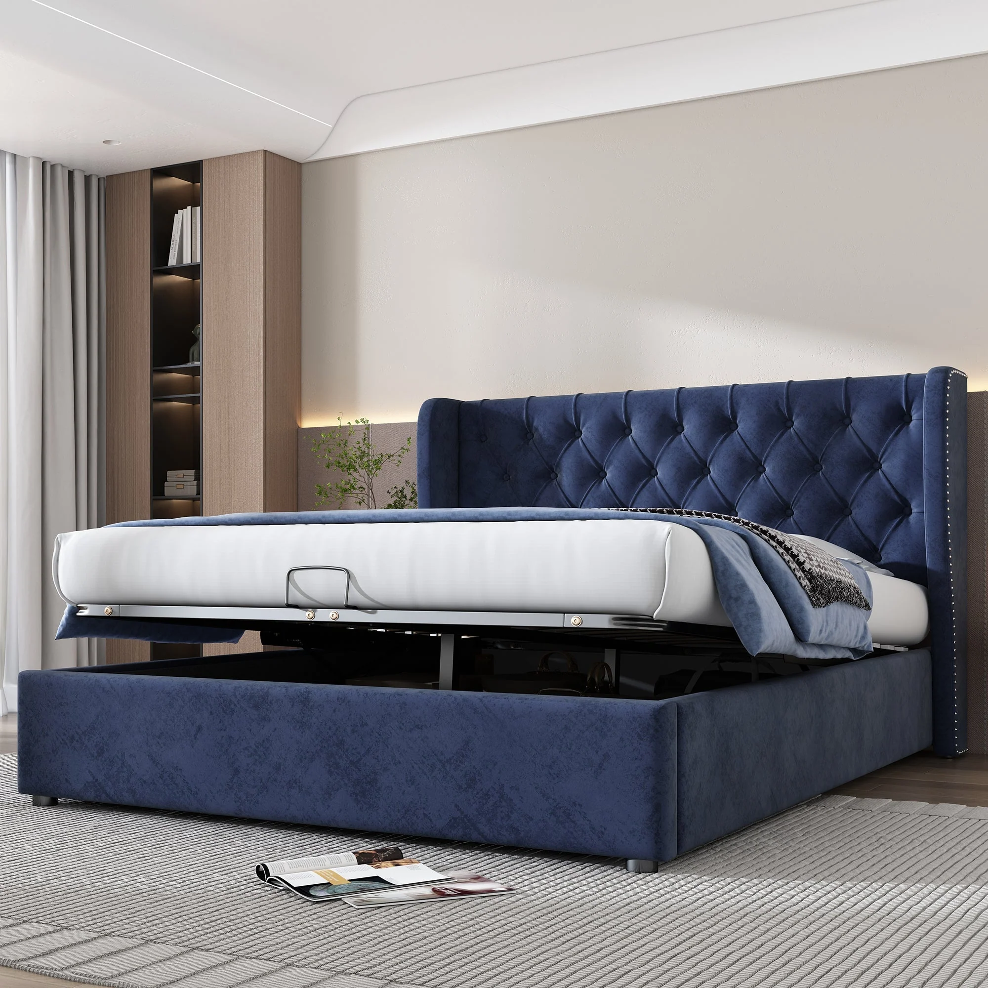 Upholstered Bed, Hydraulic Lift, Storage, 135x190cm, Blue Velvet - Image 2