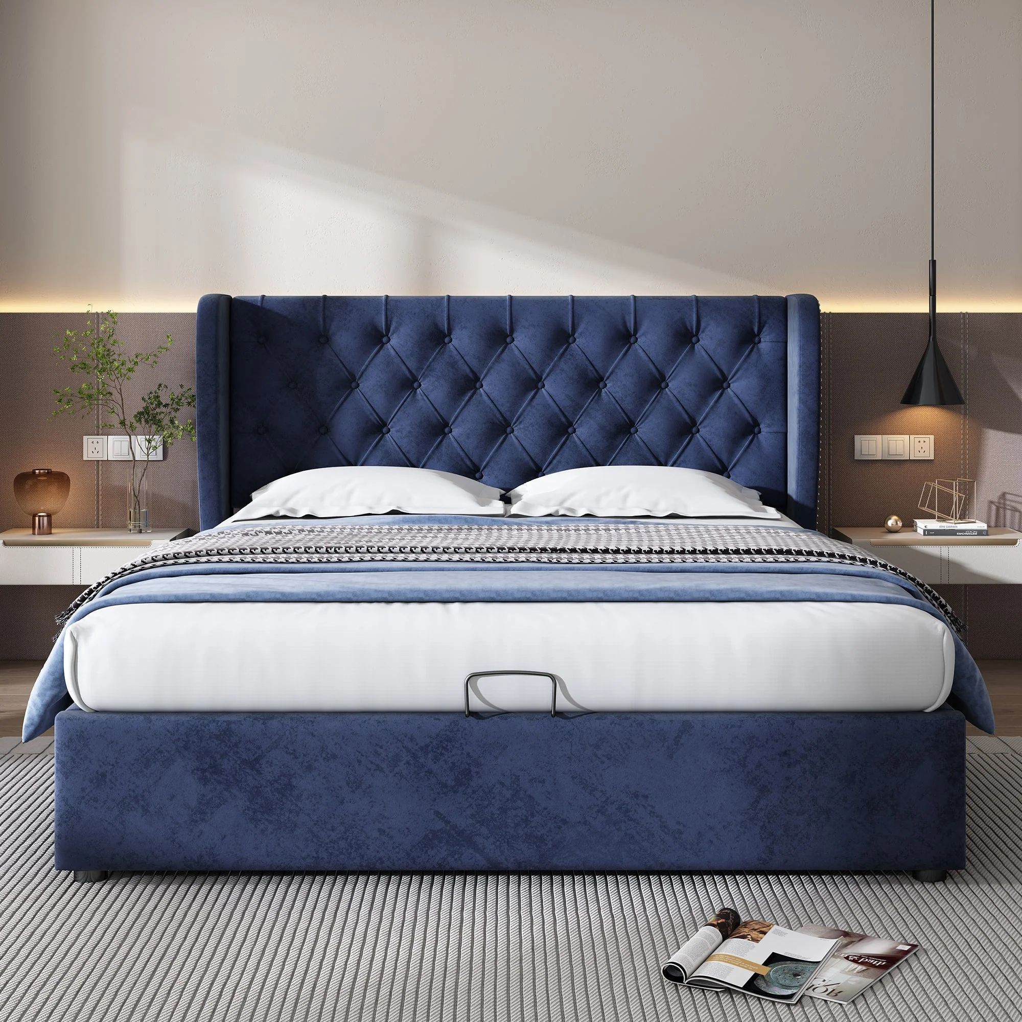 Upholstered Bed, Hydraulic Lift, Storage, 135x190cm, Blue Velvet - Image 3