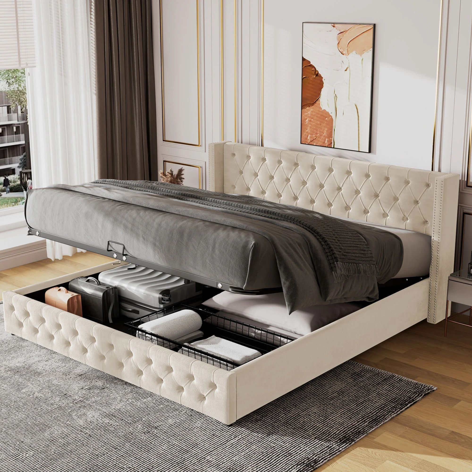 Upholstered Bed, Hydraulic Lift & Storage, 150x200cm Velvet, Beige - Image 4