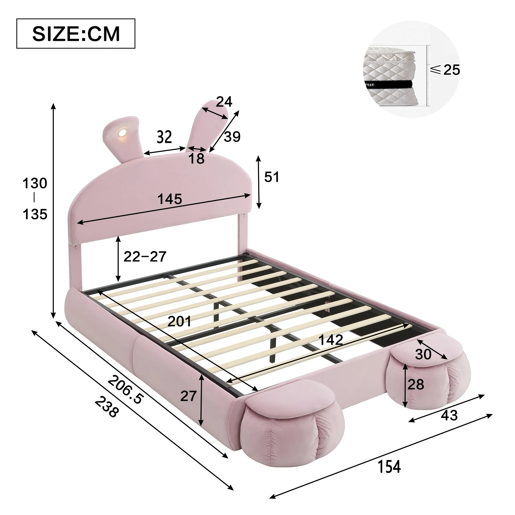 Upholstered Bed Hydraulic Storage, Bunny Ears LED Strips, 140x200cm, Stools, Velvet Pink - Image 4