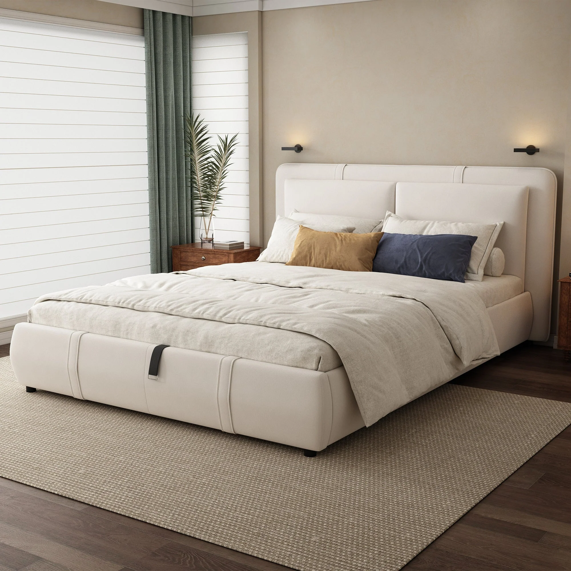 Upholstered Bed, Hydraulic Storage Function, 4ft6 Double 135x190cm, Durable, Sturdy, Removable Soft Headboard Backrest, Velvet Plywood Beige - Image 3