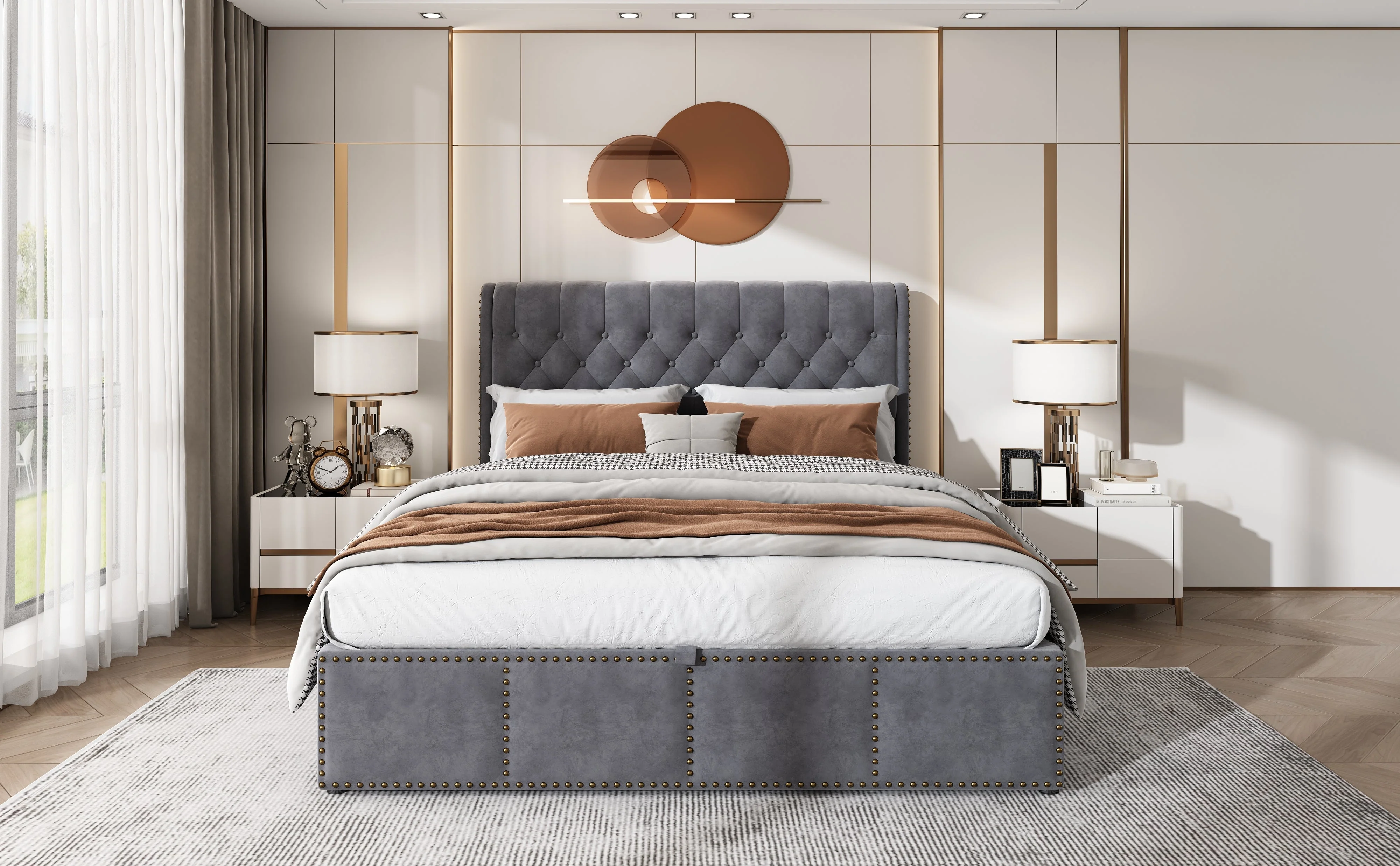 Upholstered Bed Hydraulic Storage Studded Headboard 160x200cm Velvet Grey - Image 9