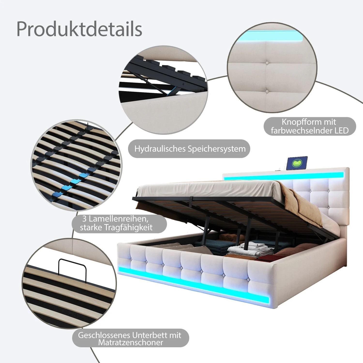 Upholstered Bed, Hydraulic Storage with USB & LED Light Strip, Beige Linen - Image 4