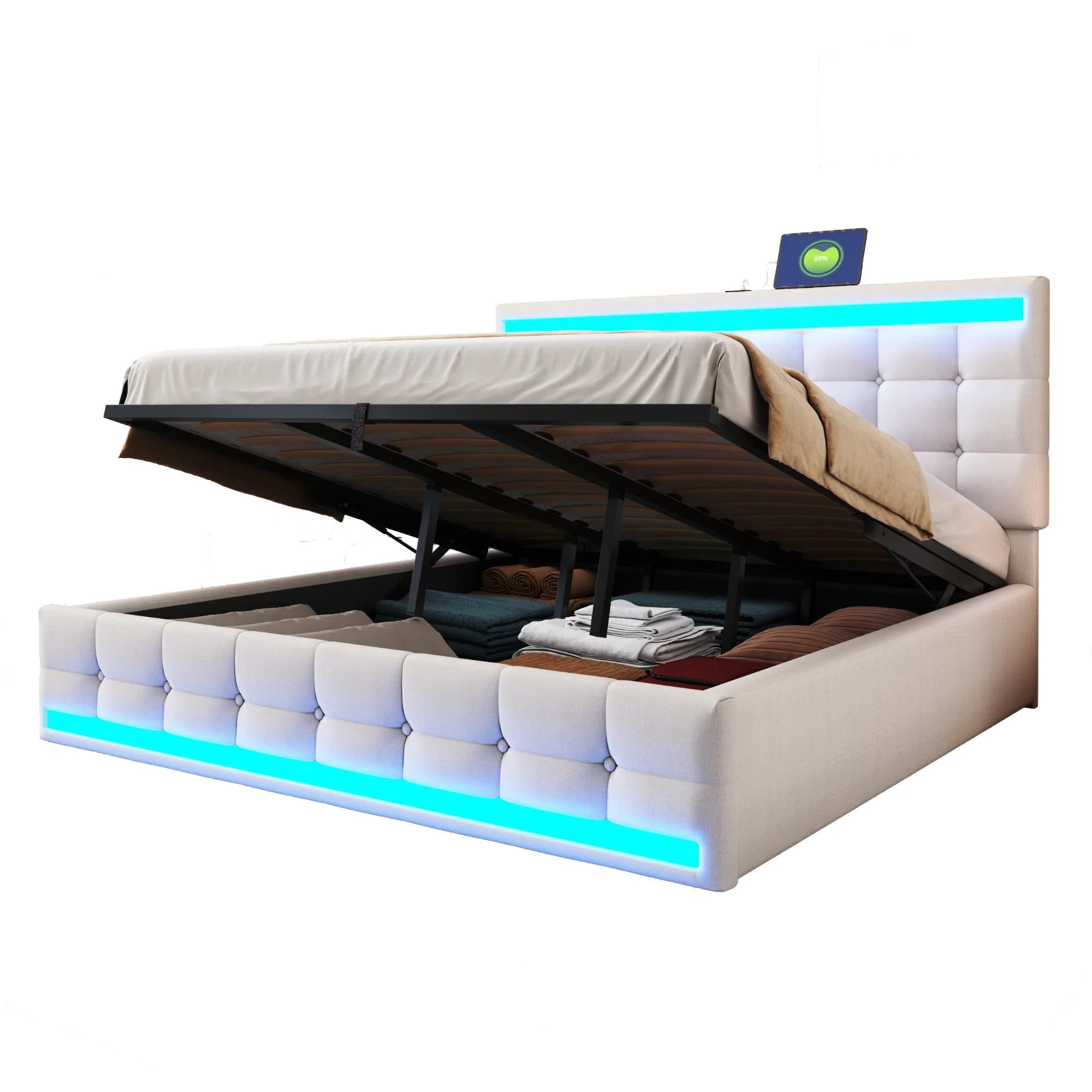 Upholstered Bed, Hydraulic Storage with USB & LED Light Strip, Beige Linen - Image 7