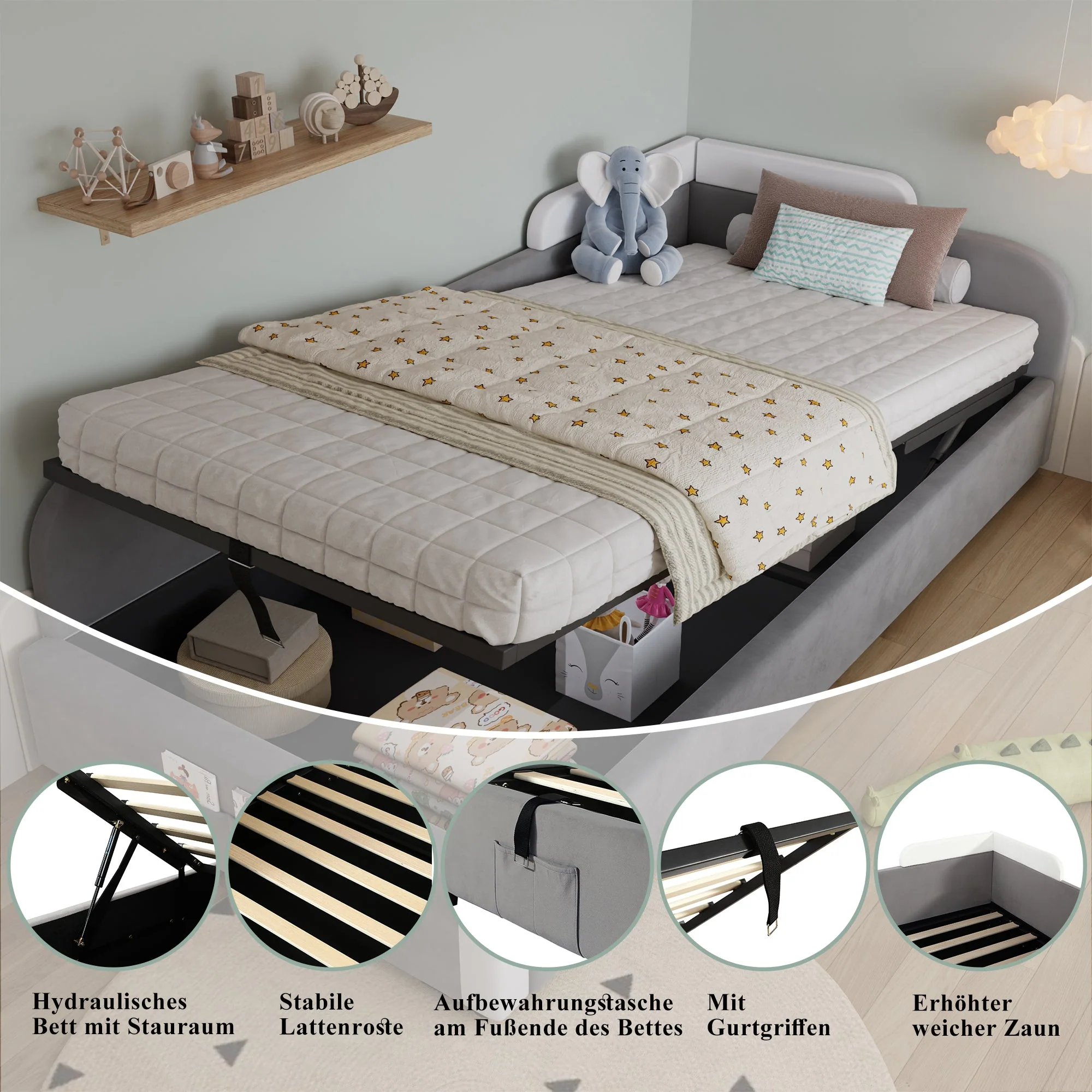 Upholstered Bed, Hydraulic with Storage, Velvet+Plywood Grey 90x200cm - Image 4
