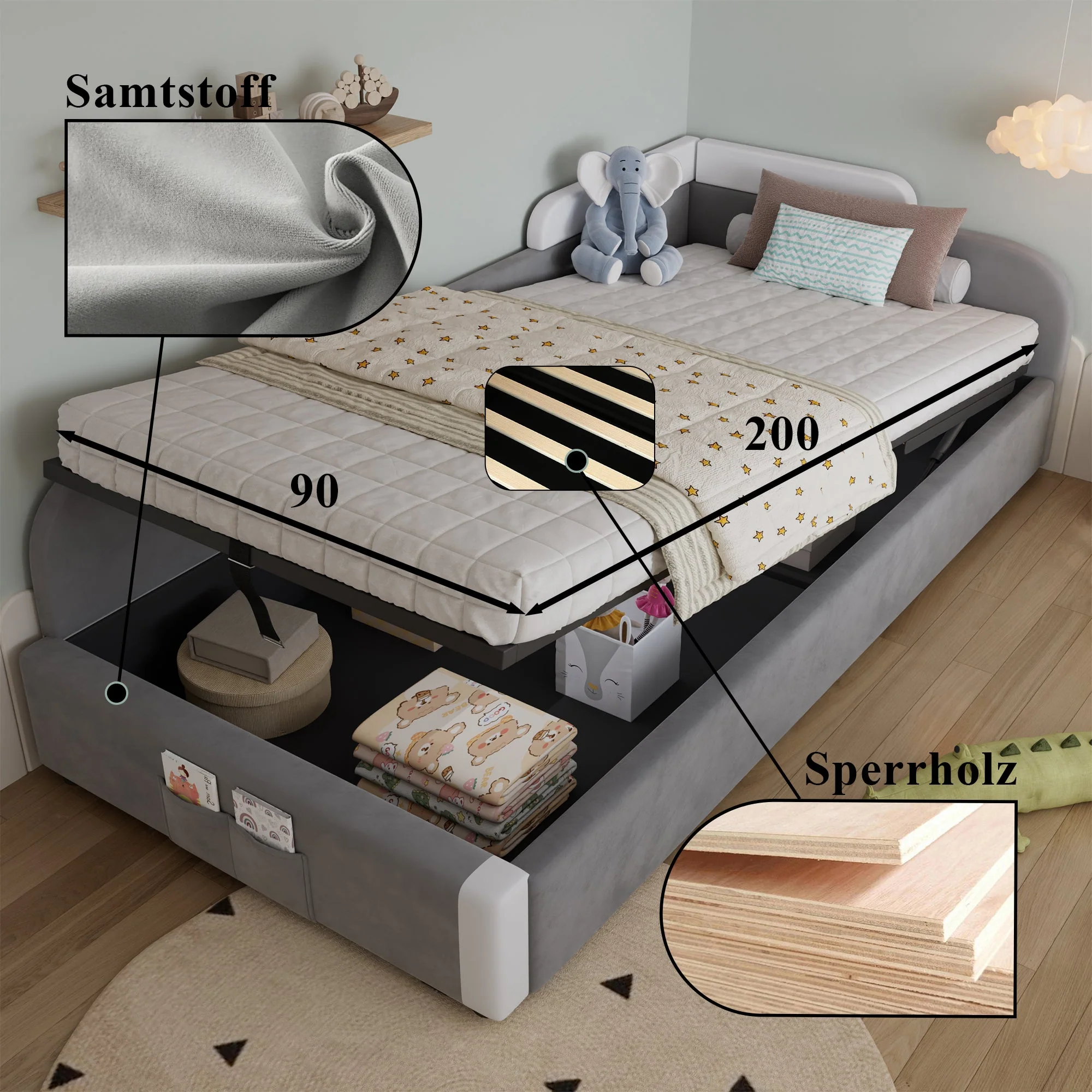 Upholstered Bed, Hydraulic with Storage, Velvet+Plywood Grey 90x200cm - Image 5