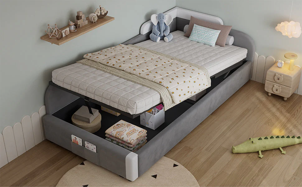 Upholstered Bed, Hydraulic with Storage, Velvet+Plywood Grey 90x200cm - Image 6