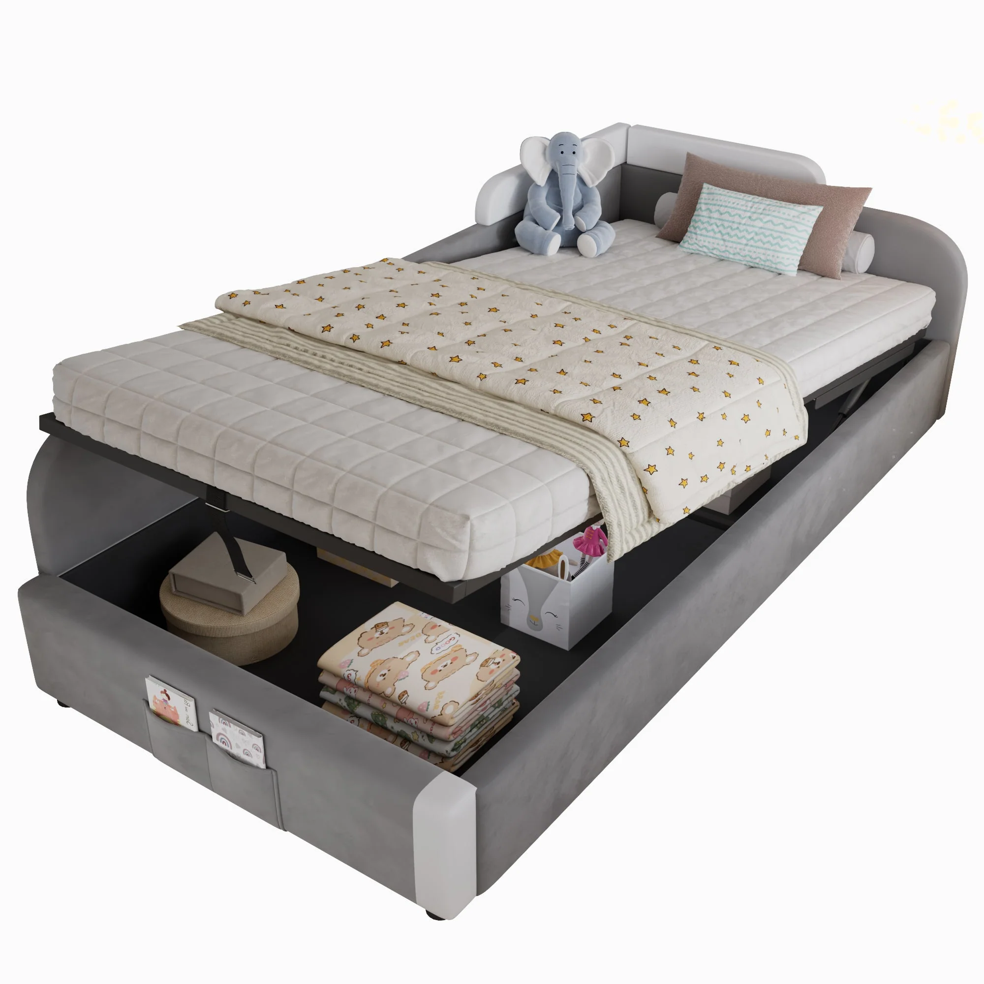 Upholstered Bed, Hydraulic with Storage, Velvet+Plywood Grey 90x200cm - Image 8
