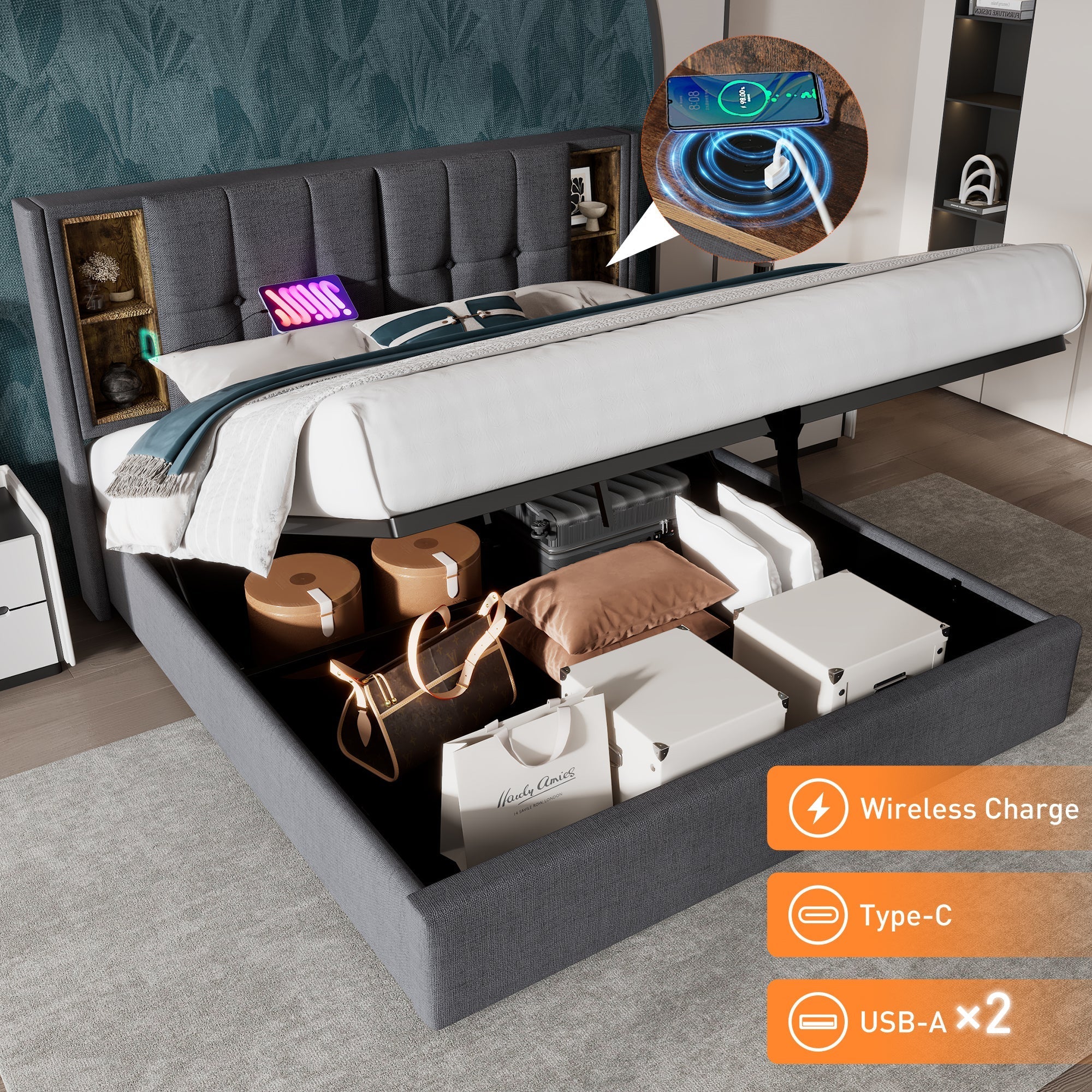 Upholstered Bed King Size 150 x 200 cm, Hydraulic Storage with Wireless Charging, Linen Fabric, Grey - Image 3