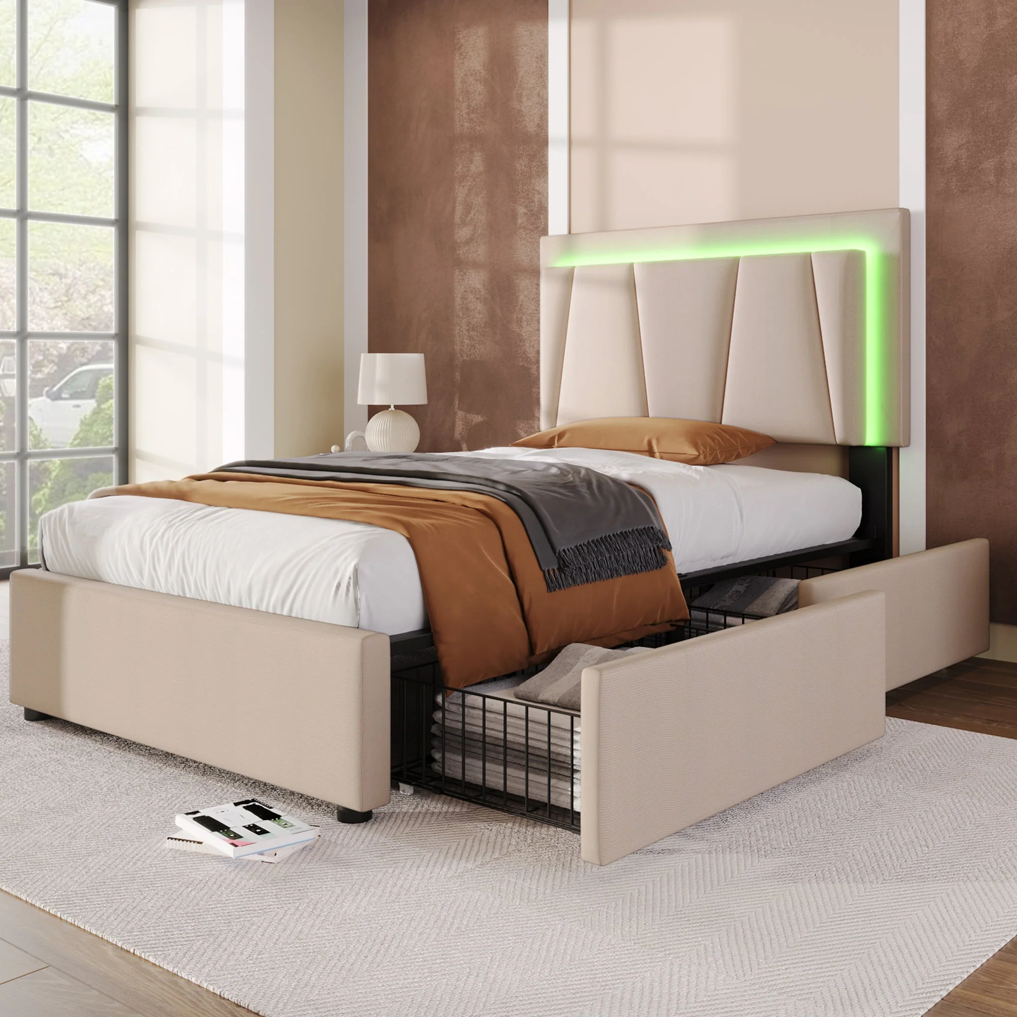 Upholstered Bed, LED, 2-Drawer, Height-Adjustable, Single 90x200cm, Beige Linen - Image 10