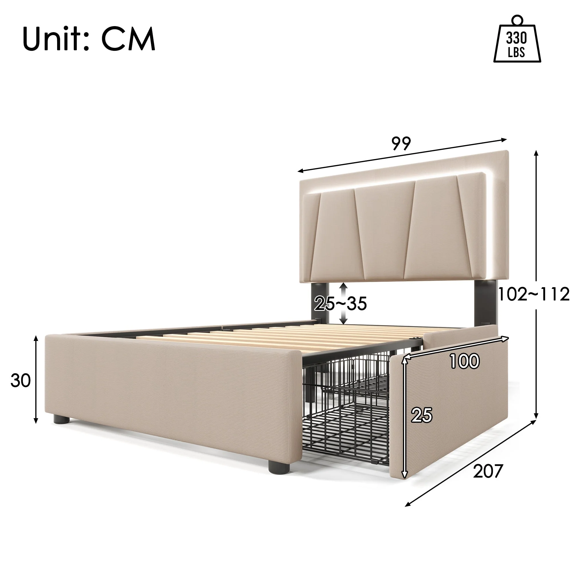 Upholstered Bed, LED, 2-Drawer, Height-Adjustable, Single 90x200cm, Beige Linen - Image 2