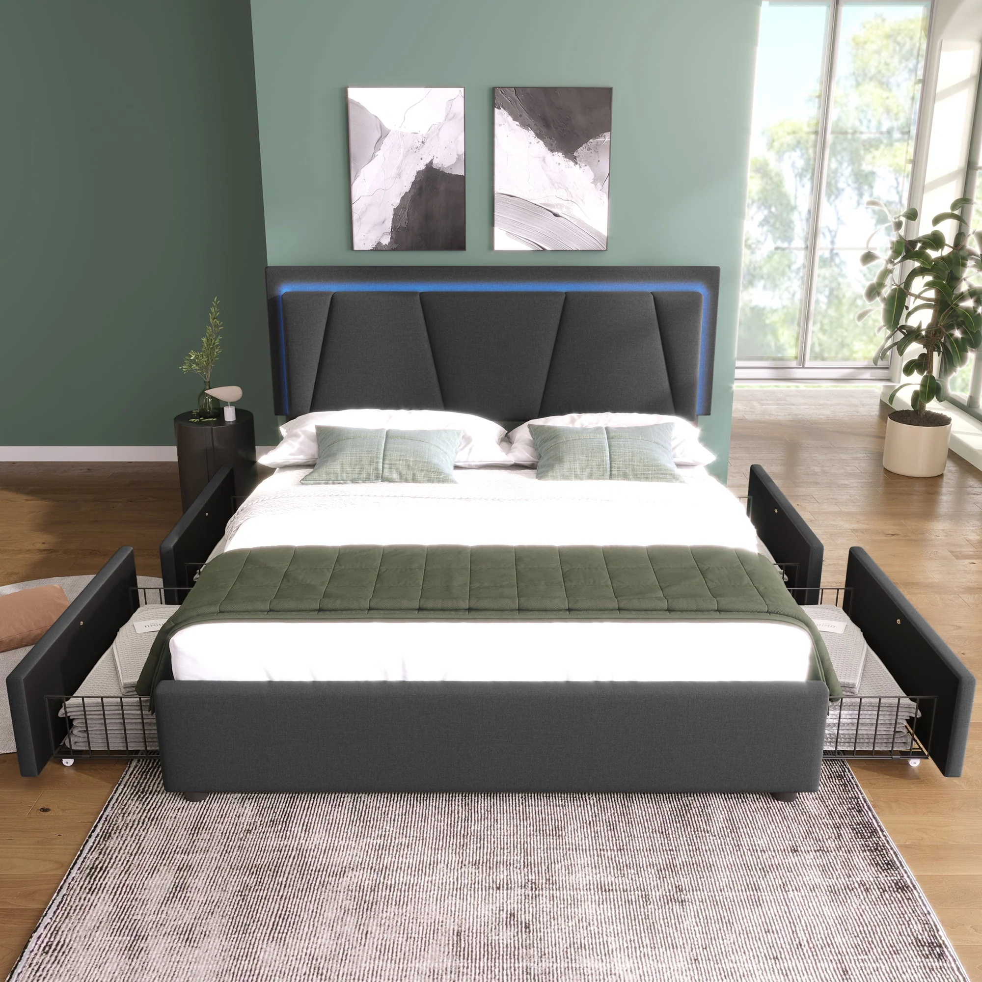 Upholstered Bed, LED, 4 Drawers, Adjustable Headboard, Double 160x200cm, Gray Linen - Image 3