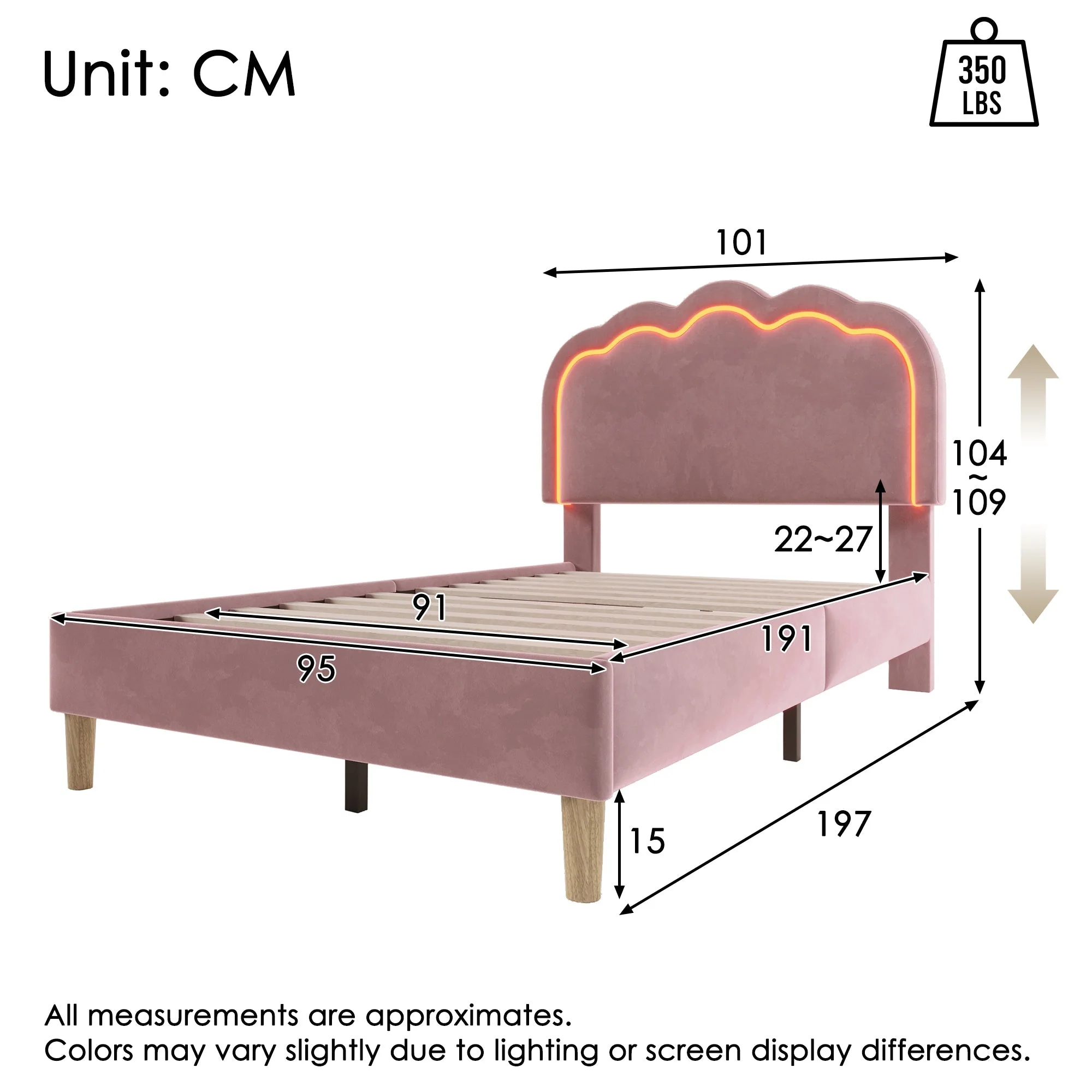 Upholstered Bed, LED, Adjustable Headboard, Pink, Velvet Material