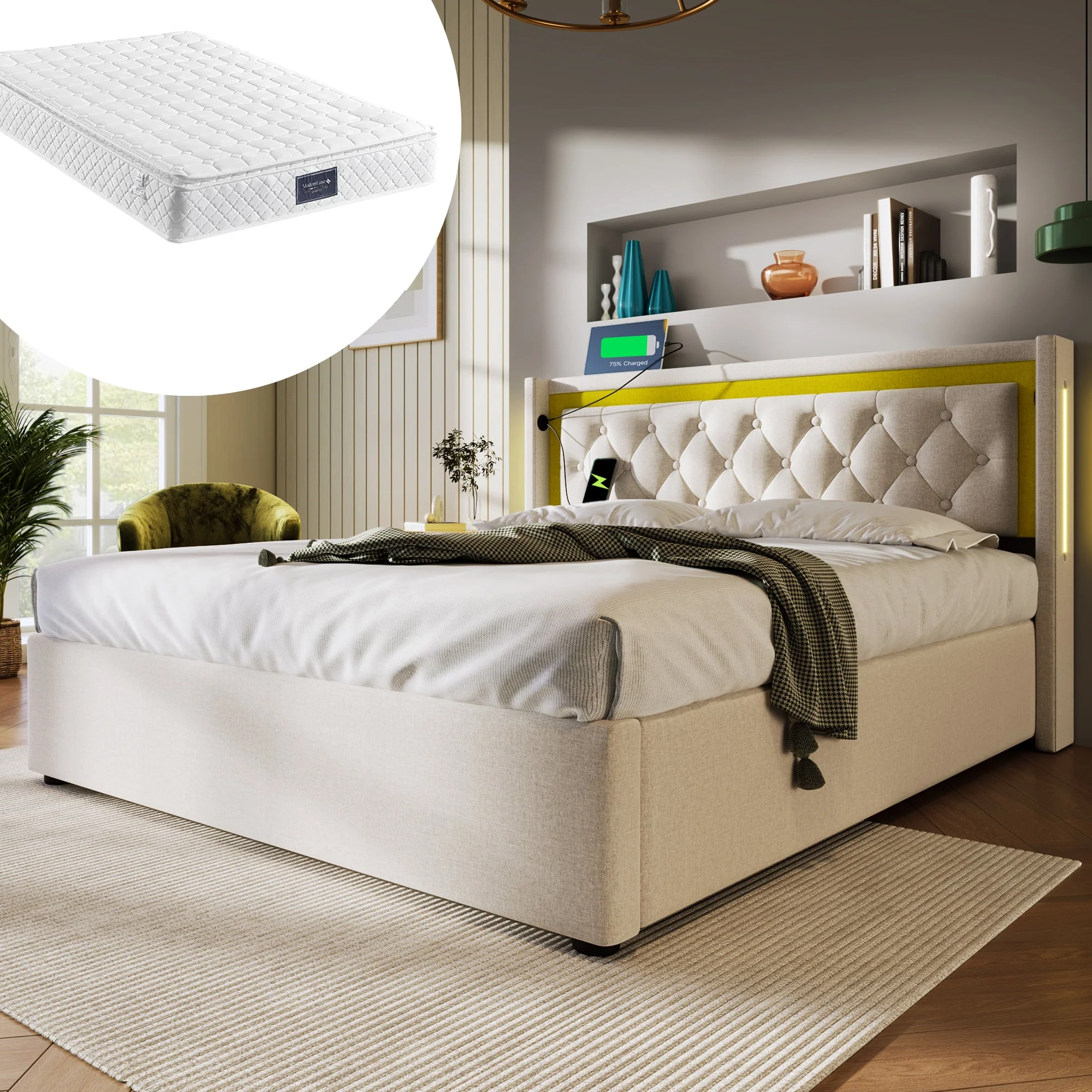 Upholstered Bed, LED Double Bed, Storage with USB & Type C, Cotton