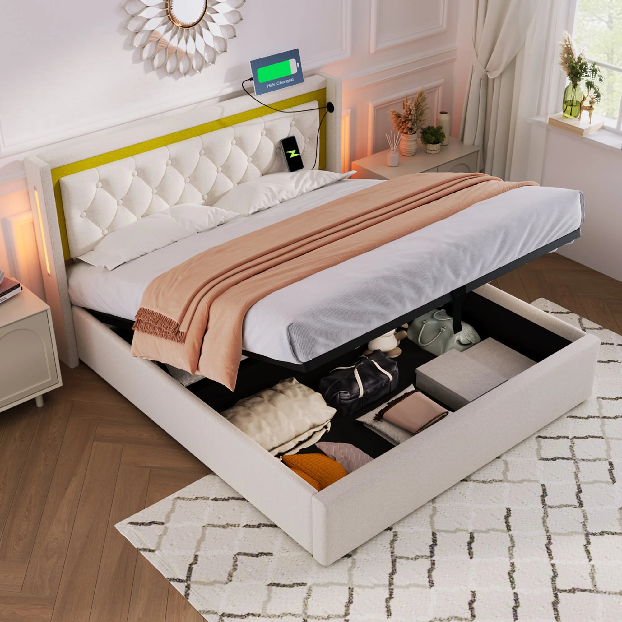 Upholstered Bed, LED Double Bed, Storage with USB & Type C, Cotton - Image 10