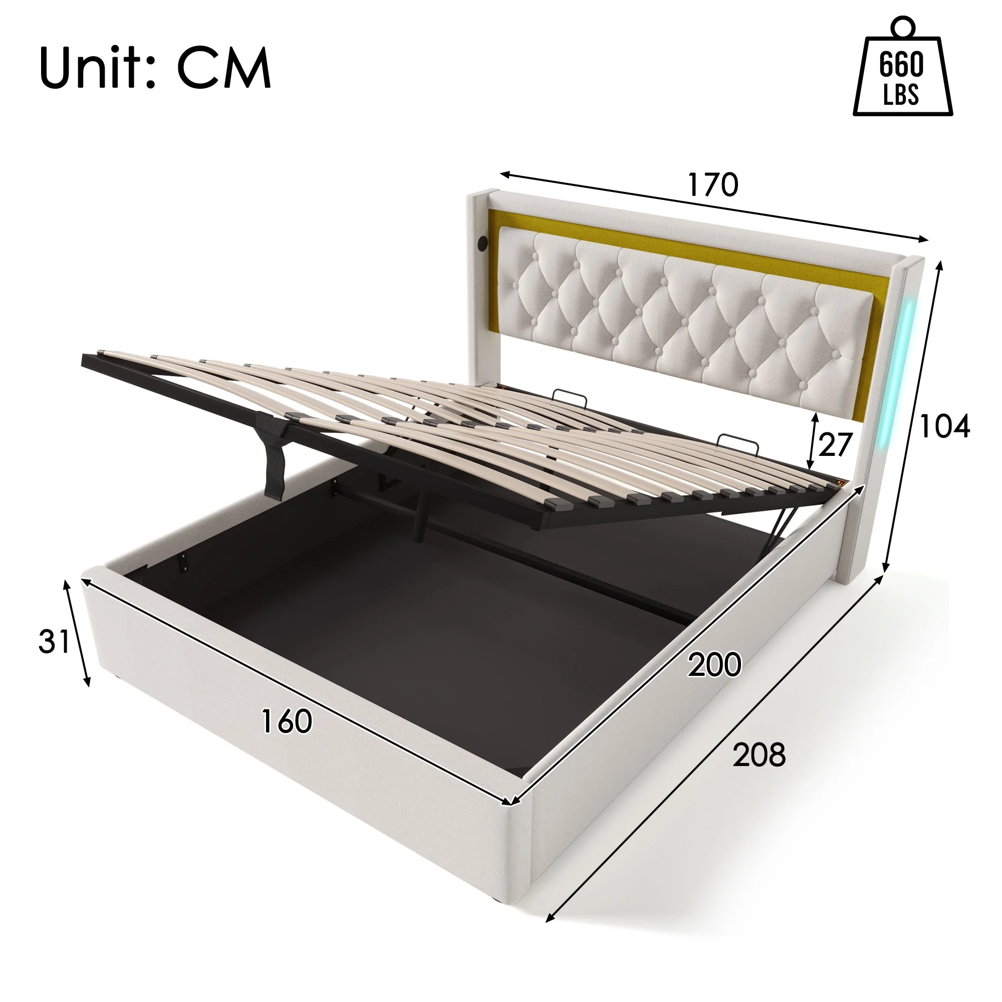 Upholstered Bed, LED Double Bed, Storage with USB & Type C, Cotton - Image 4