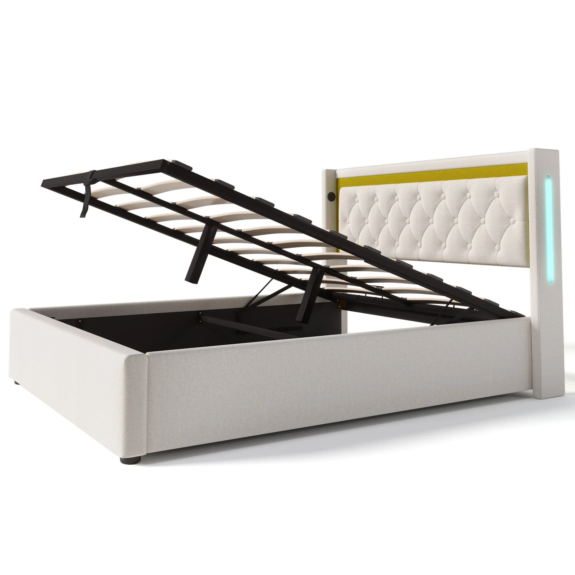 Upholstered Bed, LED Double Bed, Storage with USB & Type C, Cotton - Image 5